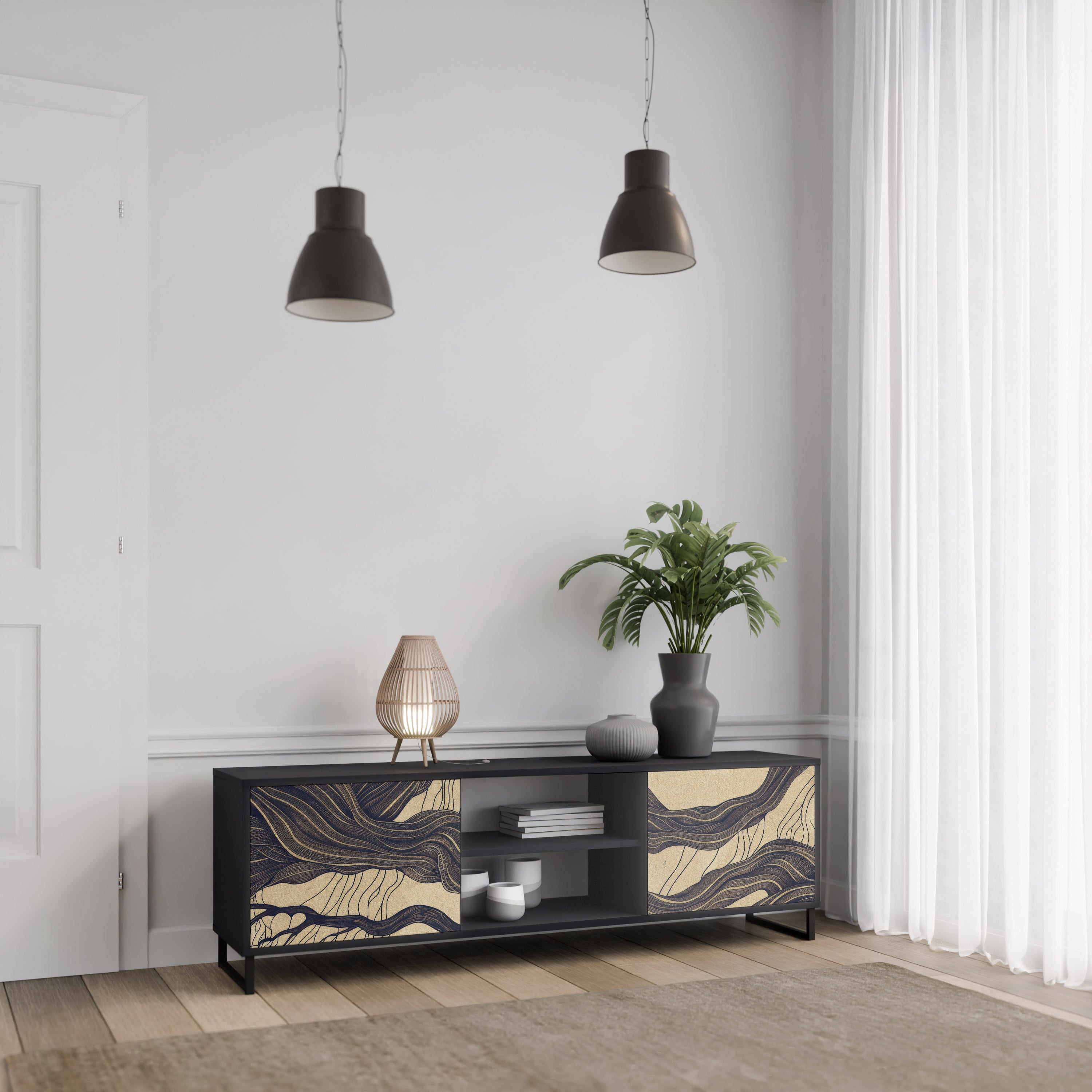 Mueble de TV de 2 puertas UNFIED FRAGMENTS con acabado negro