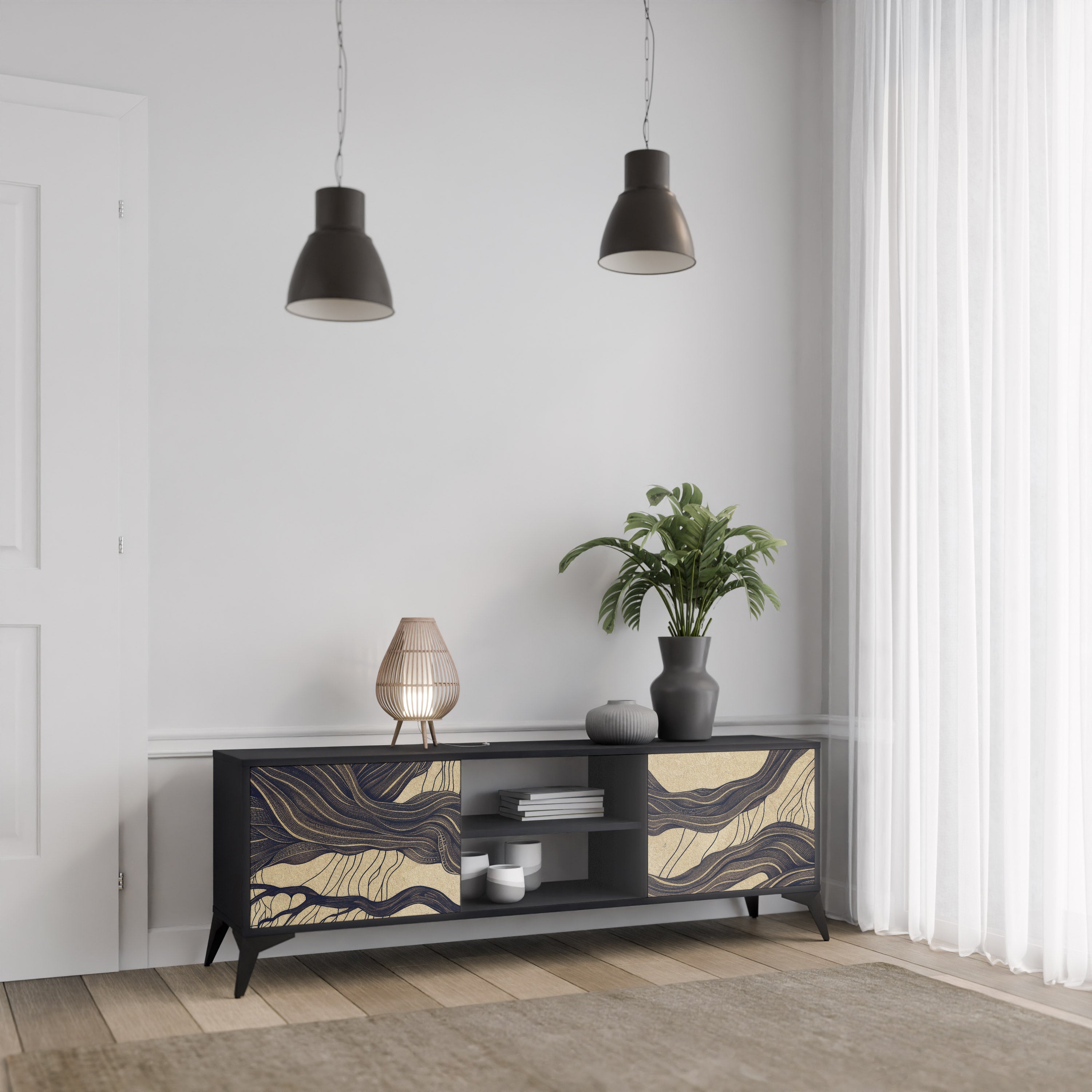 Mueble de TV de 2 puertas UNFIED FRAGMENTS con acabado negro