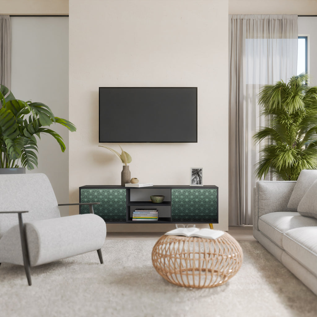 Mueble de TV de 2 puertas ORNAMENTAL GLIMMER con acabado negro