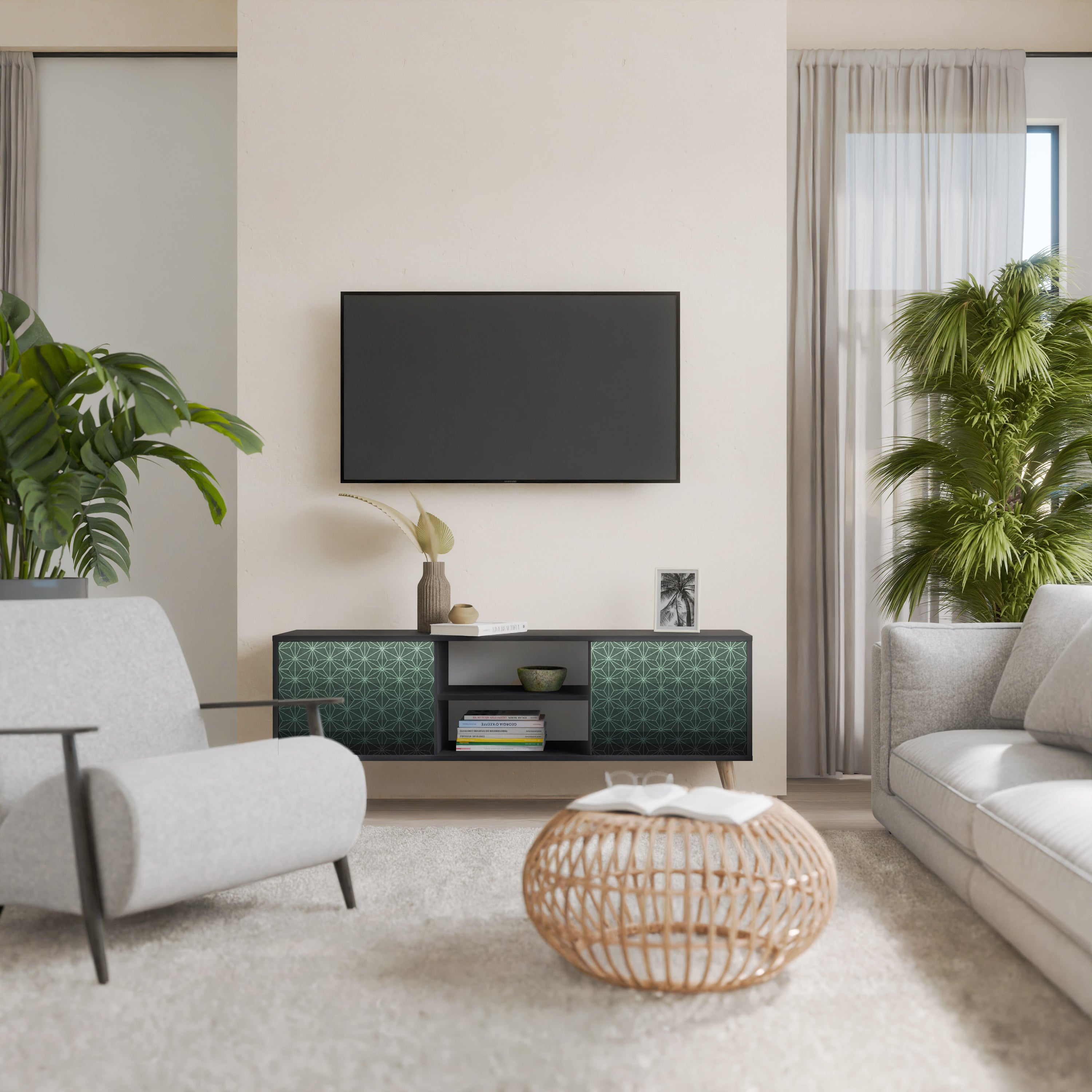 Mueble de TV de 2 puertas ORNAMENTAL GLIMMER con acabado negro