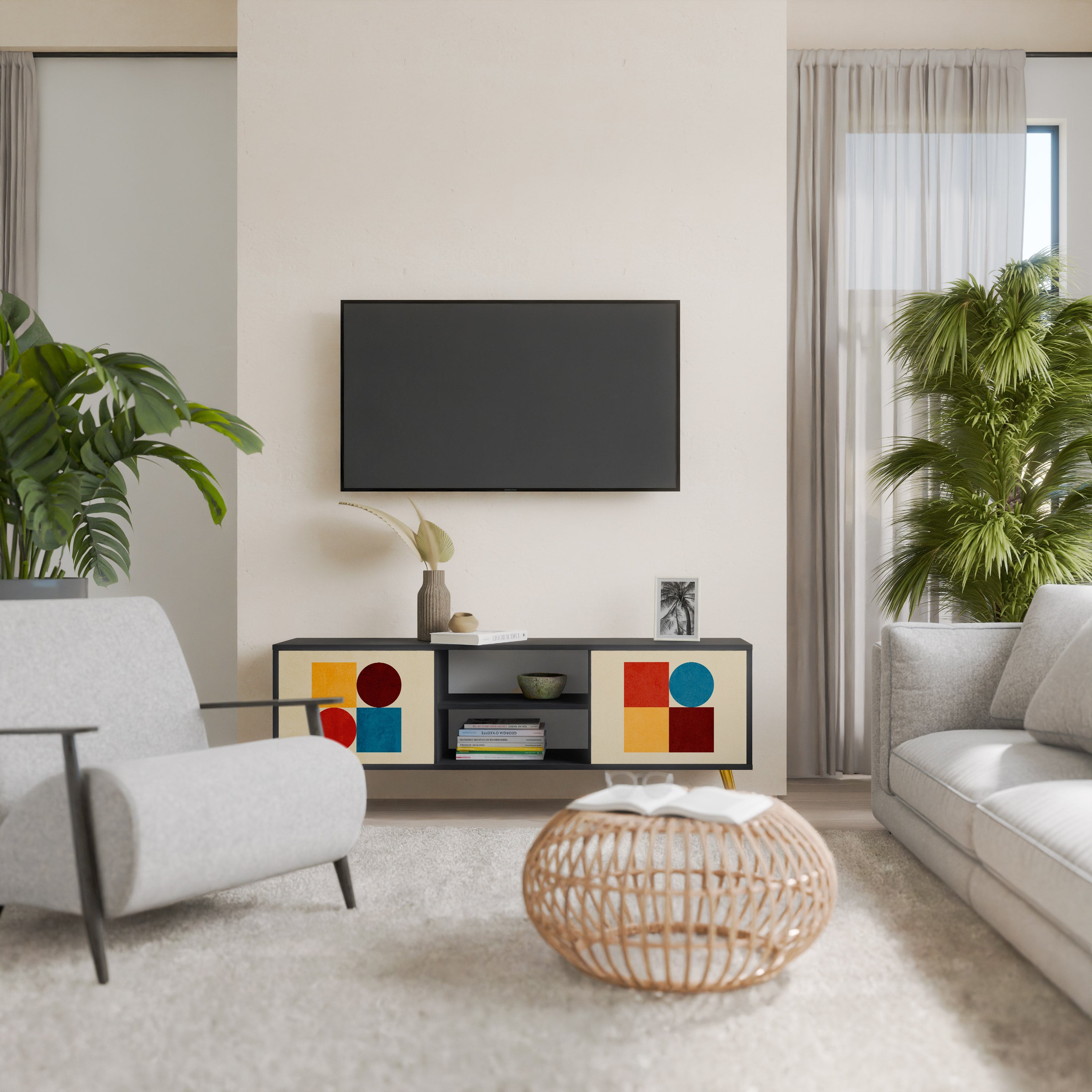 Mueble de TV de 2 puertas GEOMETRIC PUZZLE en acabado negro