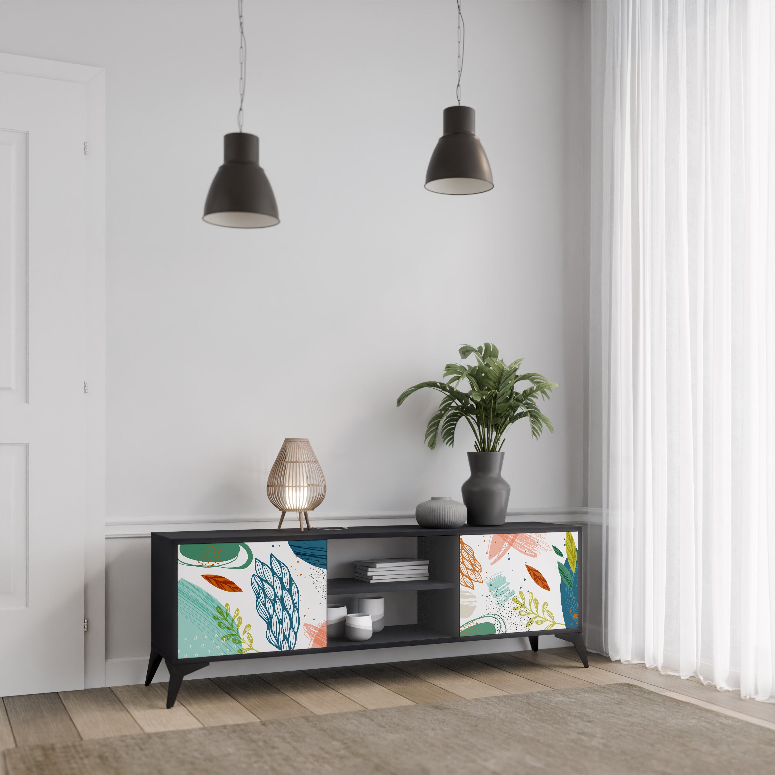Mueble de TV de 2 puertas BOTANICAL HURRICANE con acabado negro
