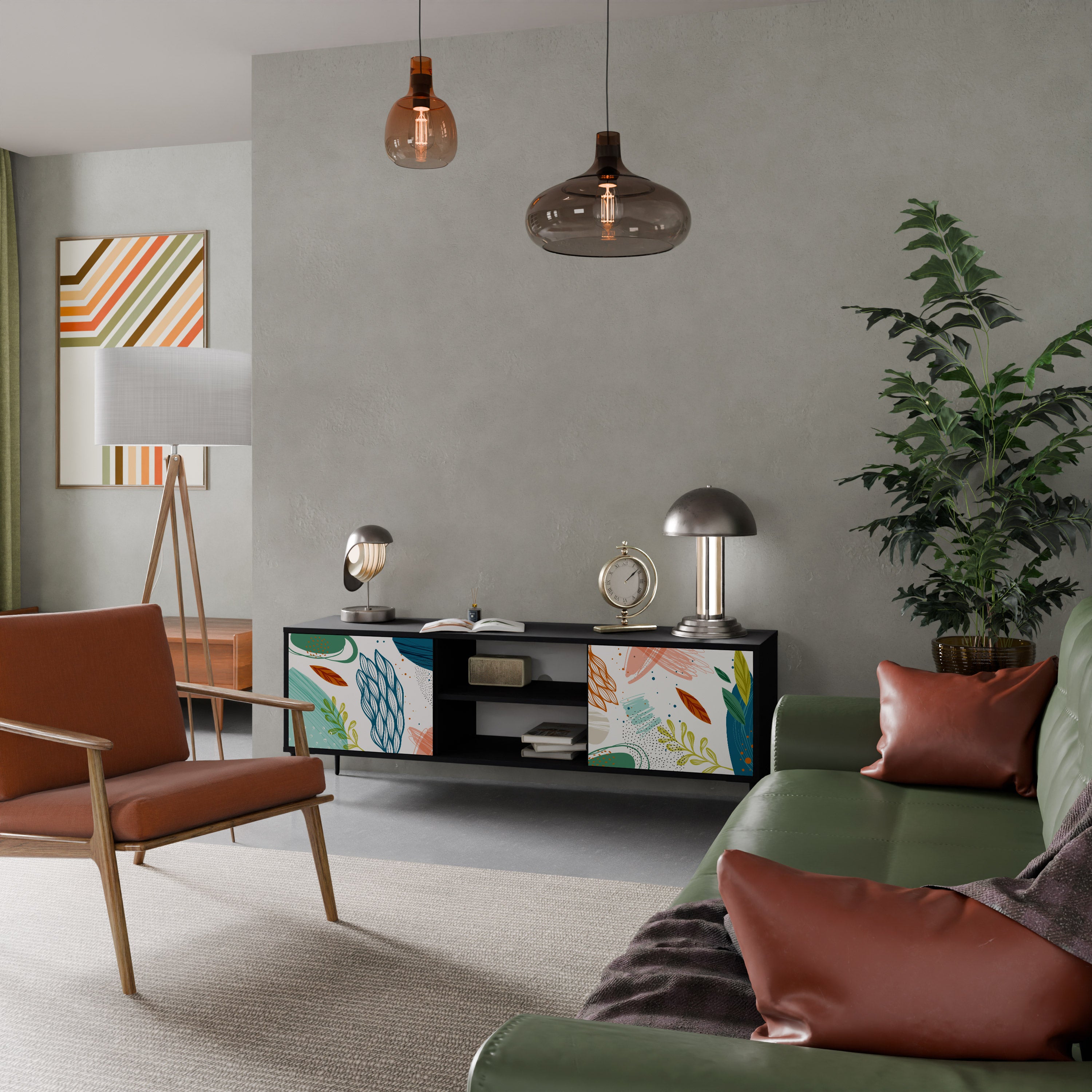 Mueble de TV de 2 puertas BOTANICAL HURRICANE con acabado negro