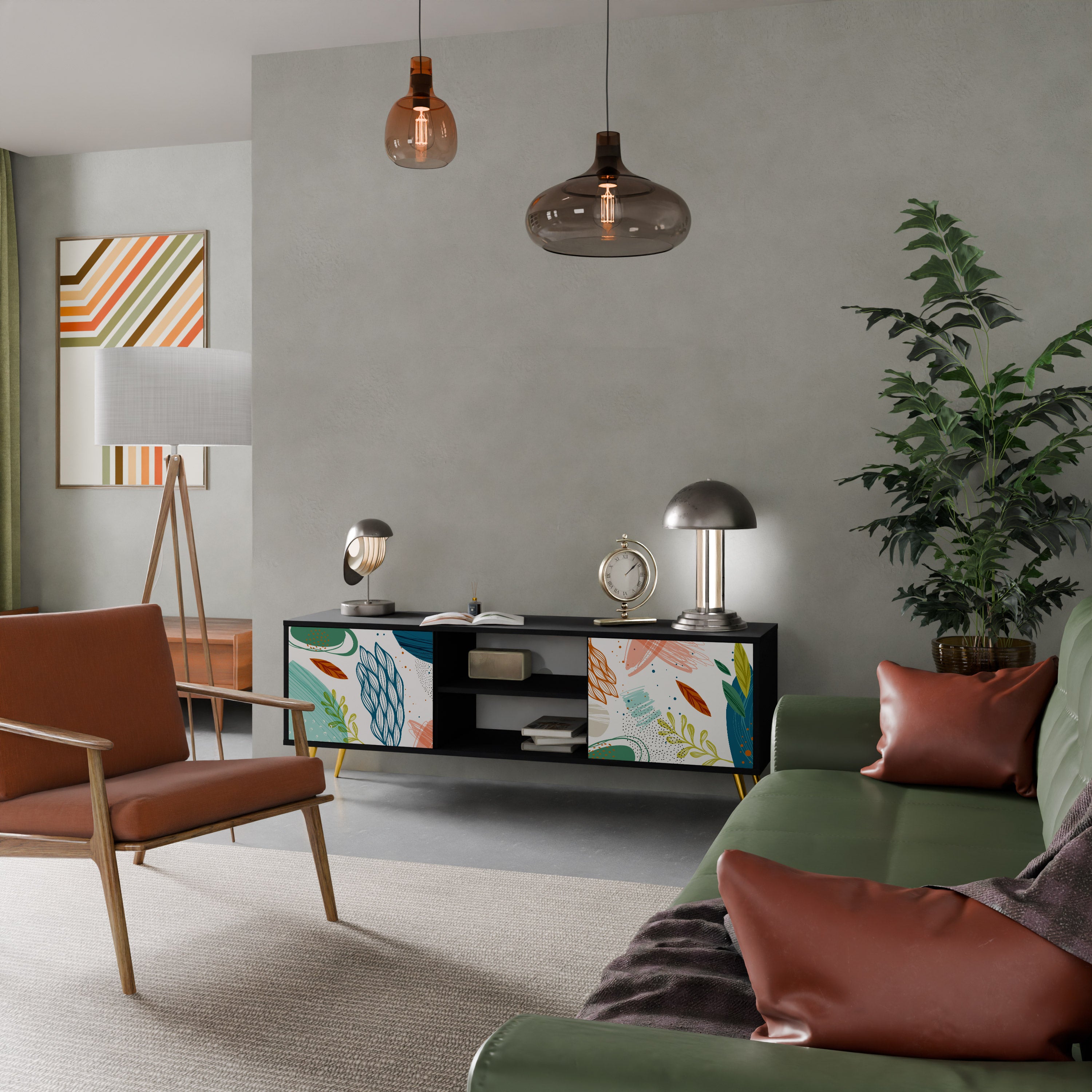 Mueble de TV de 2 puertas BOTANICAL HURRICANE con acabado negro