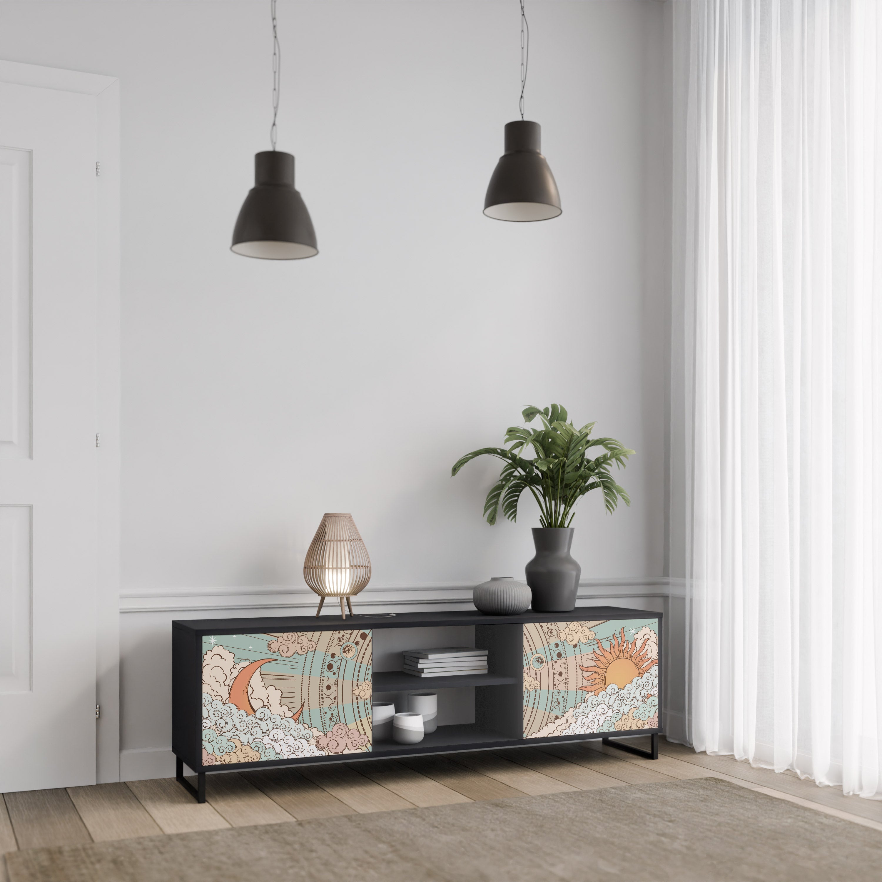 Mueble de TV de 2 puertas MYSTICAL STRUCTURE en acabado negro