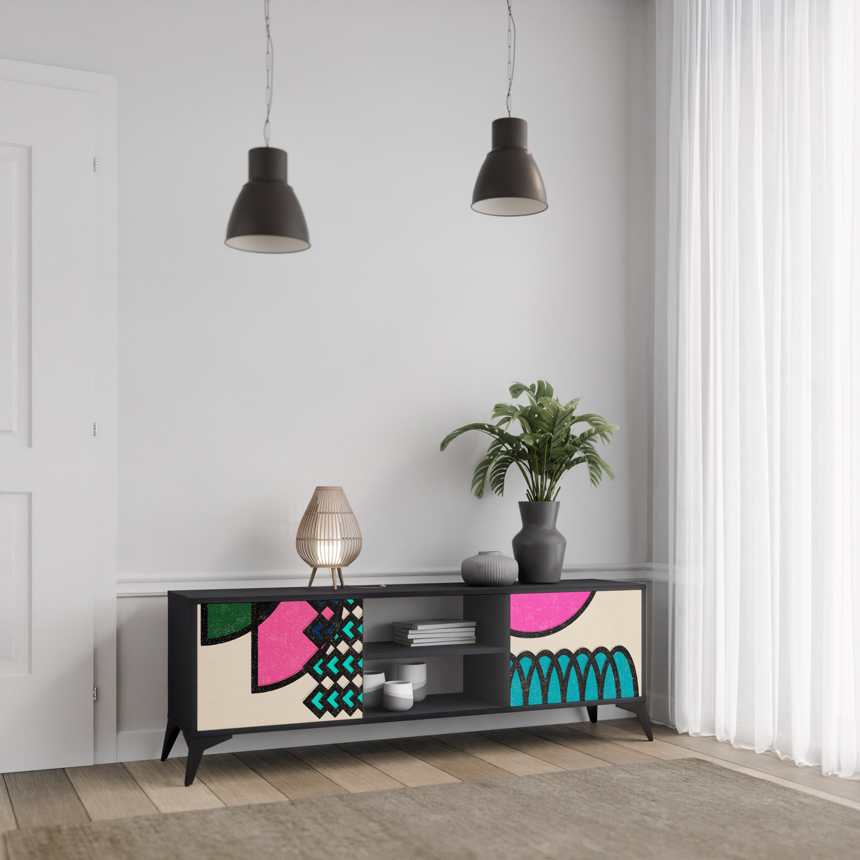 Mueble de TV GEOMETRIC RHAPSODY de 2 puertas con acabado negro