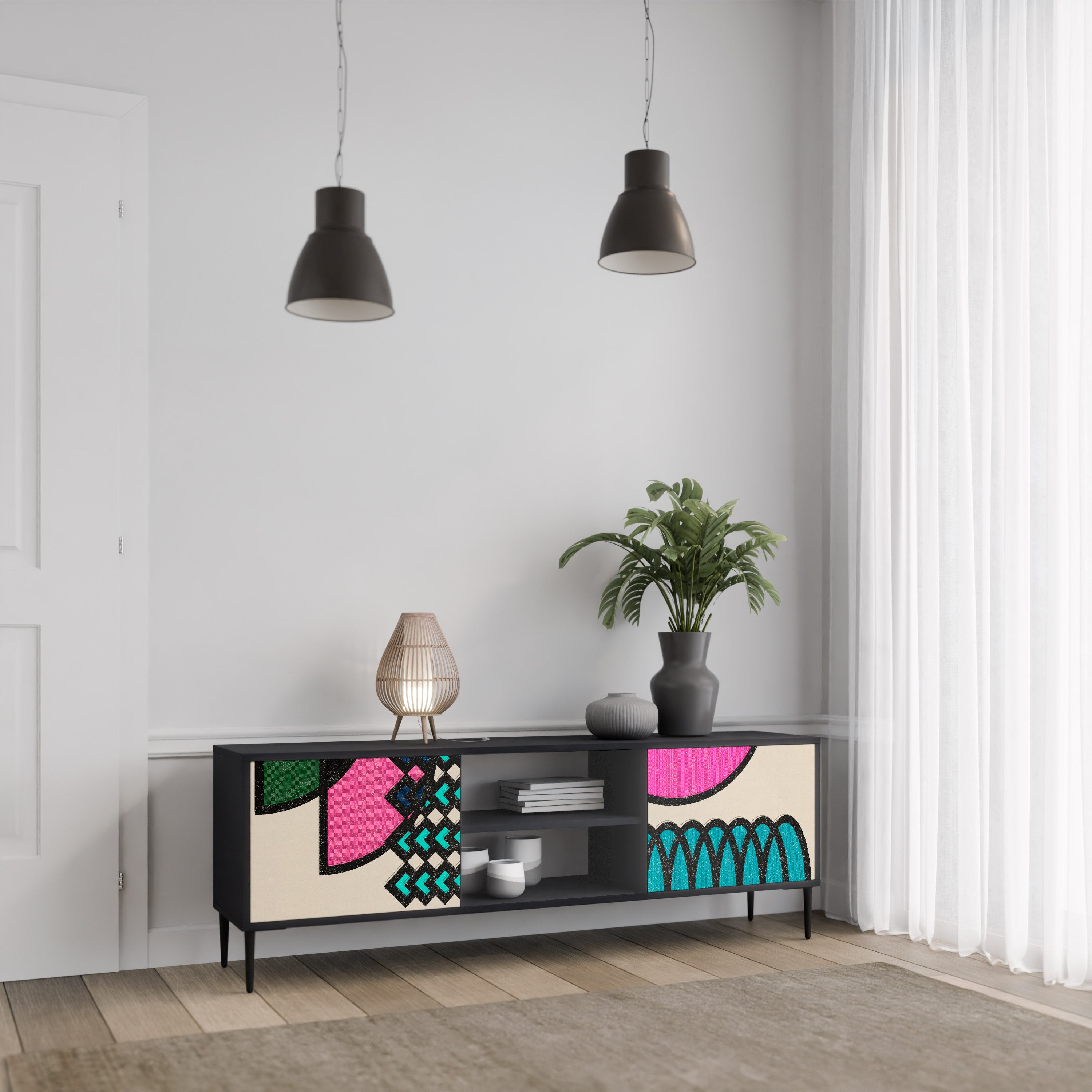 Mueble de TV GEOMETRIC RHAPSODY de 2 puertas con acabado negro