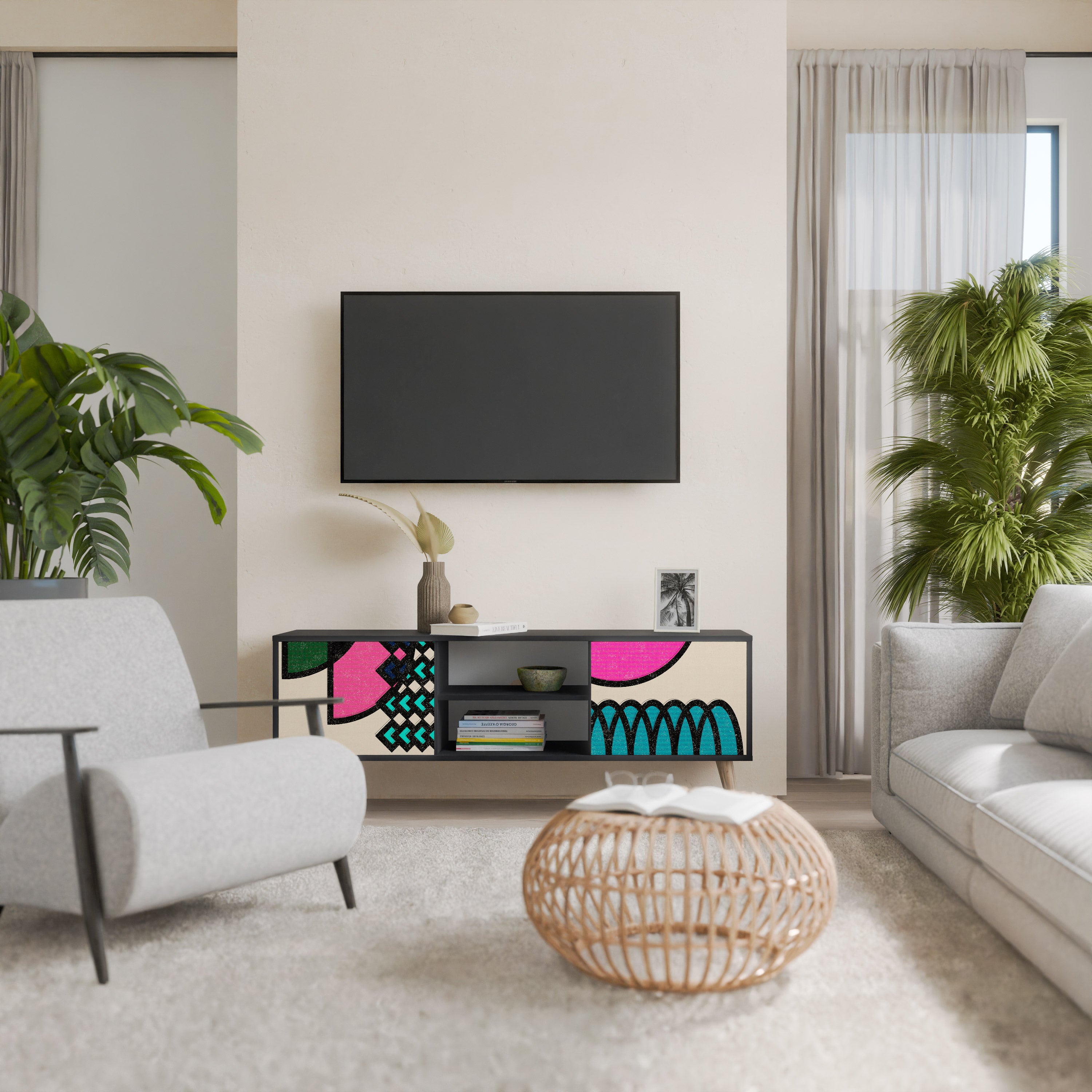 Mueble de TV GEOMETRIC RHAPSODY de 2 puertas con acabado negro