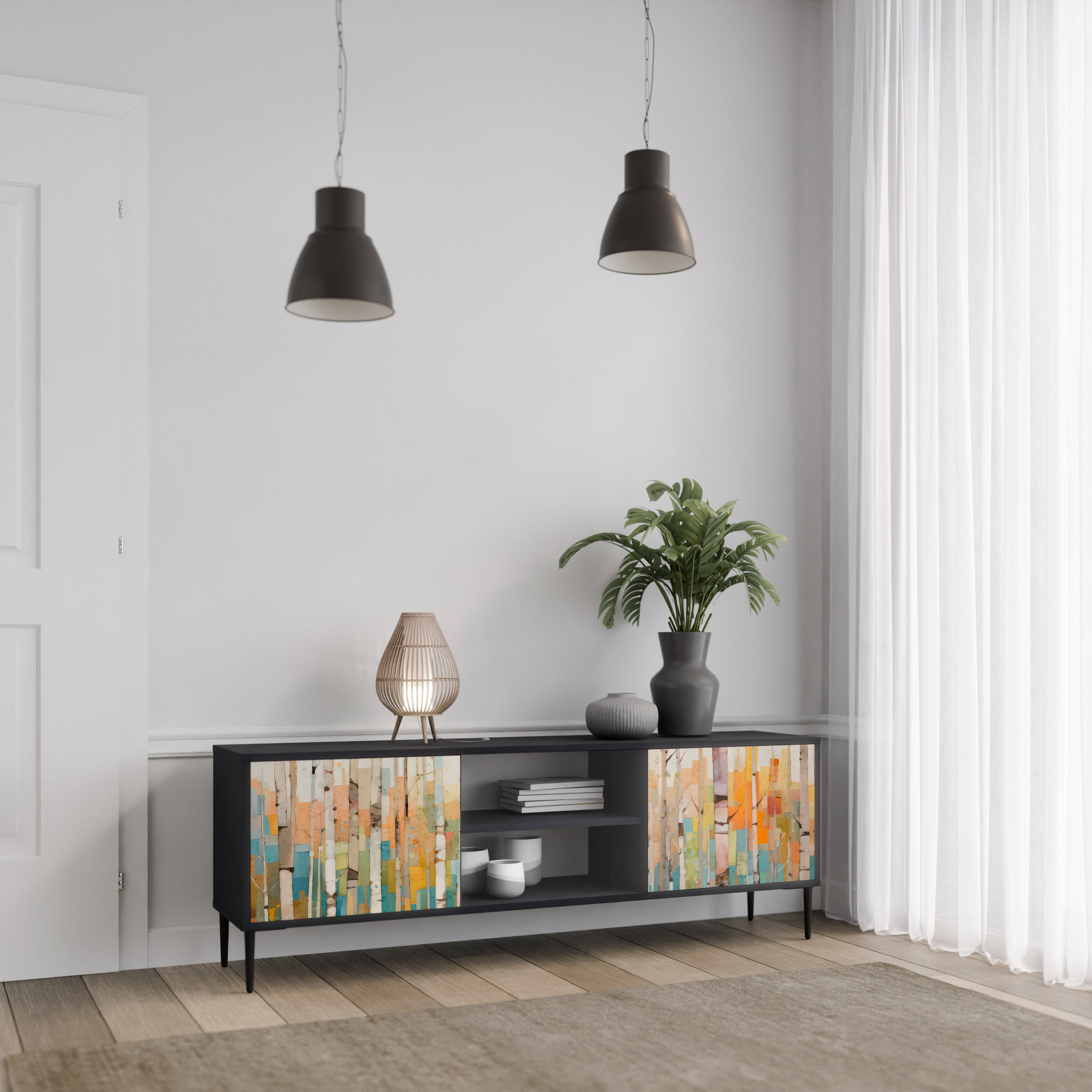 Mueble de TV de dos puertas BIRCH KALEIDOSCOPE con acabado negro