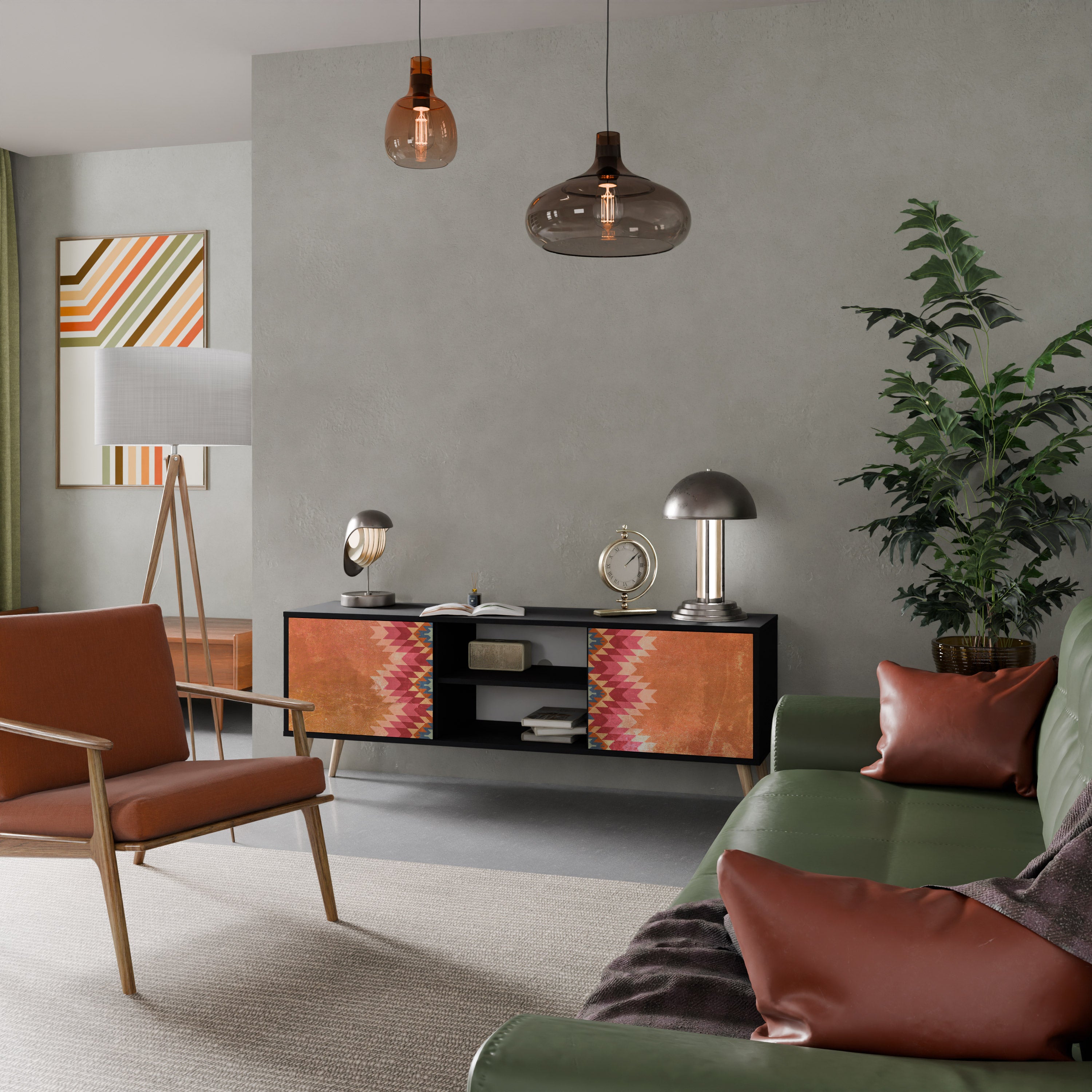 Mueble de TV INDIAN FOLK de dos puertas con acabado negro