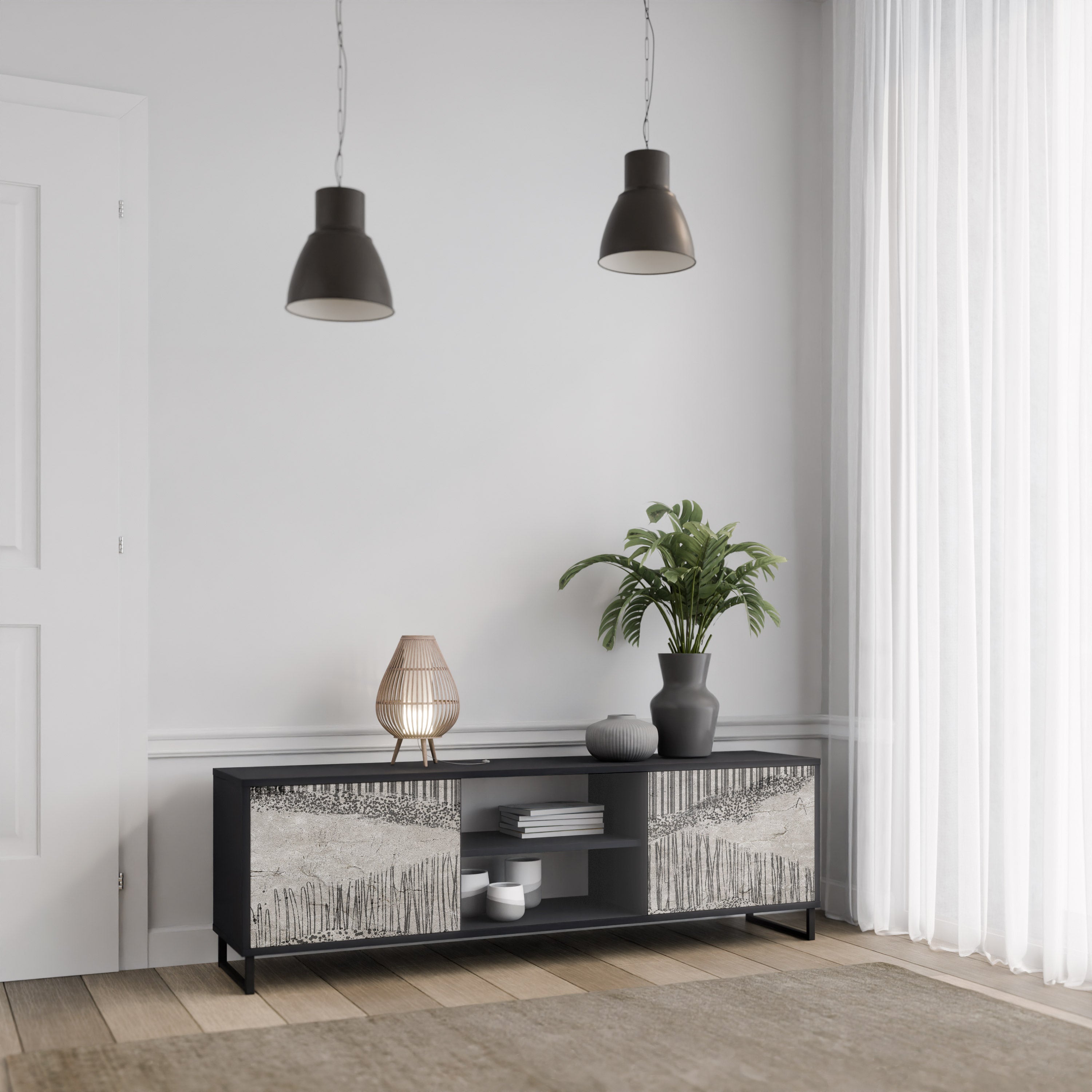 Mueble de TV de 2 puertas GRAIN LINES con acabado negro