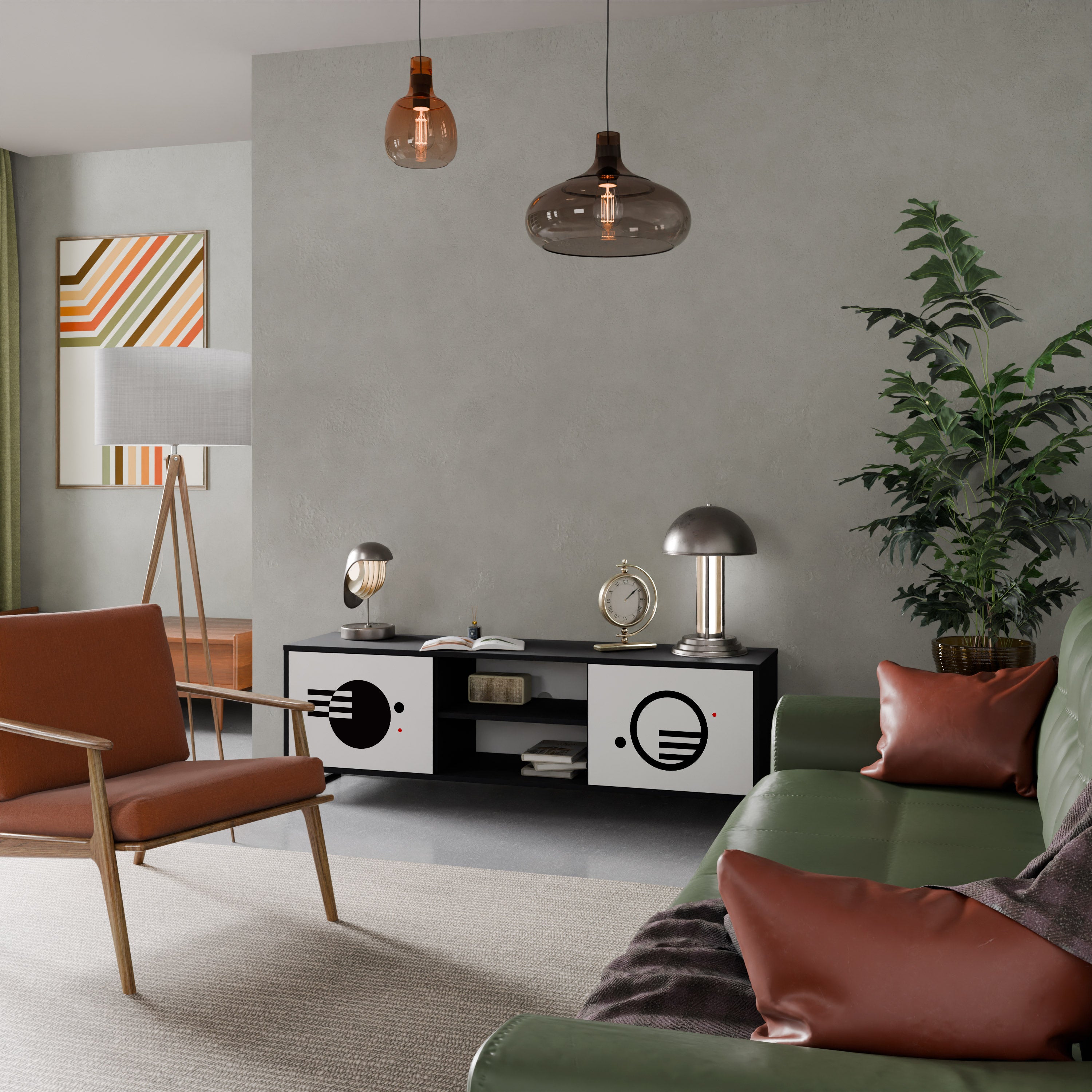 Mueble de TV de 2 puertas COMBINACIÓN BLANCO Y NEGRO con acabado negro