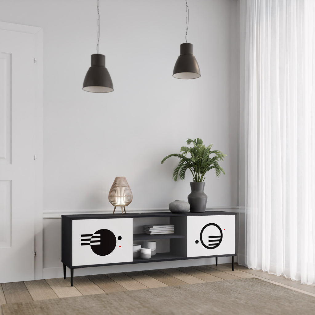 Mueble de TV de 2 puertas COMBINACIÓN BLANCO Y NEGRO con acabado negro