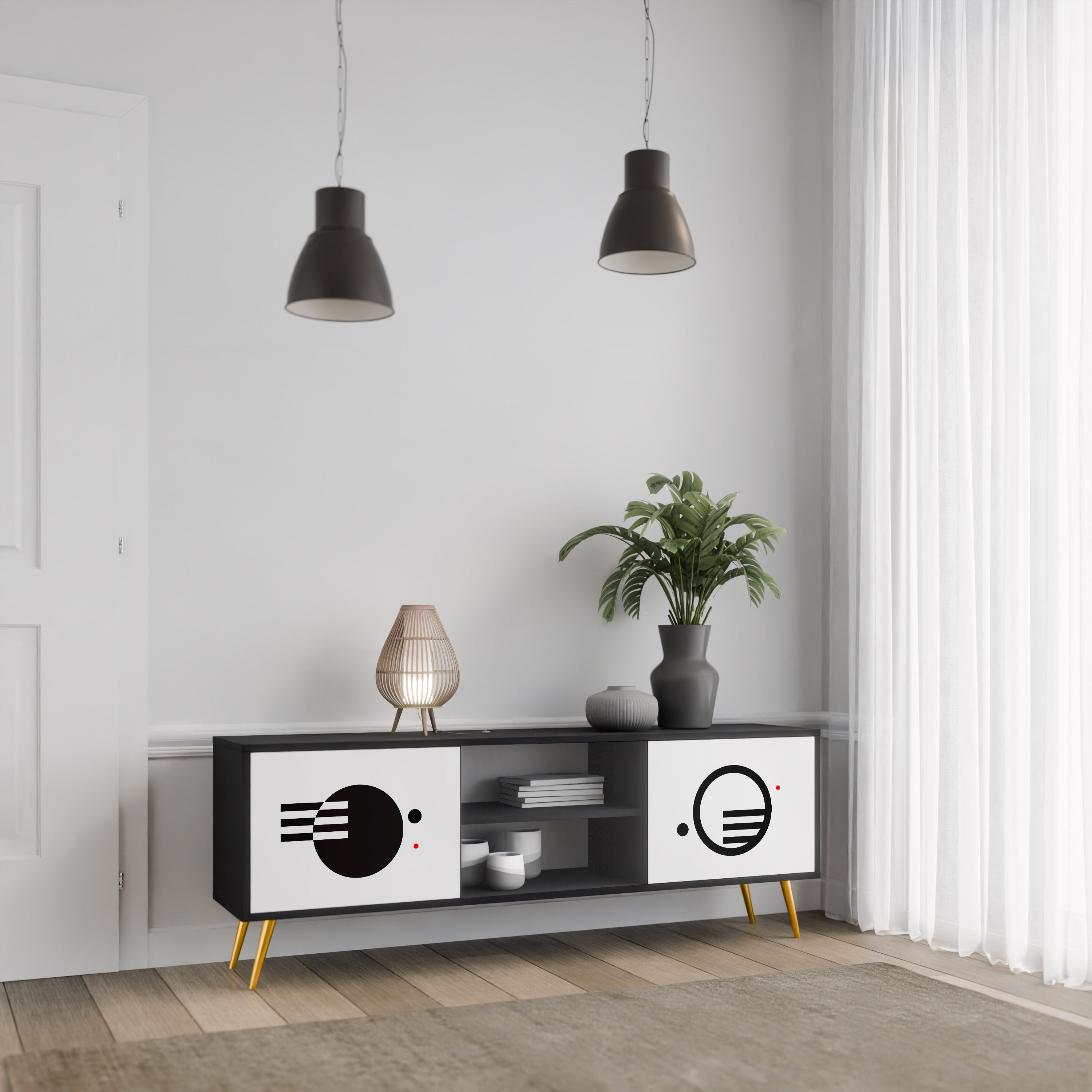 Mueble de TV de 2 puertas COMBINACIÓN BLANCO Y NEGRO con acabado negro
