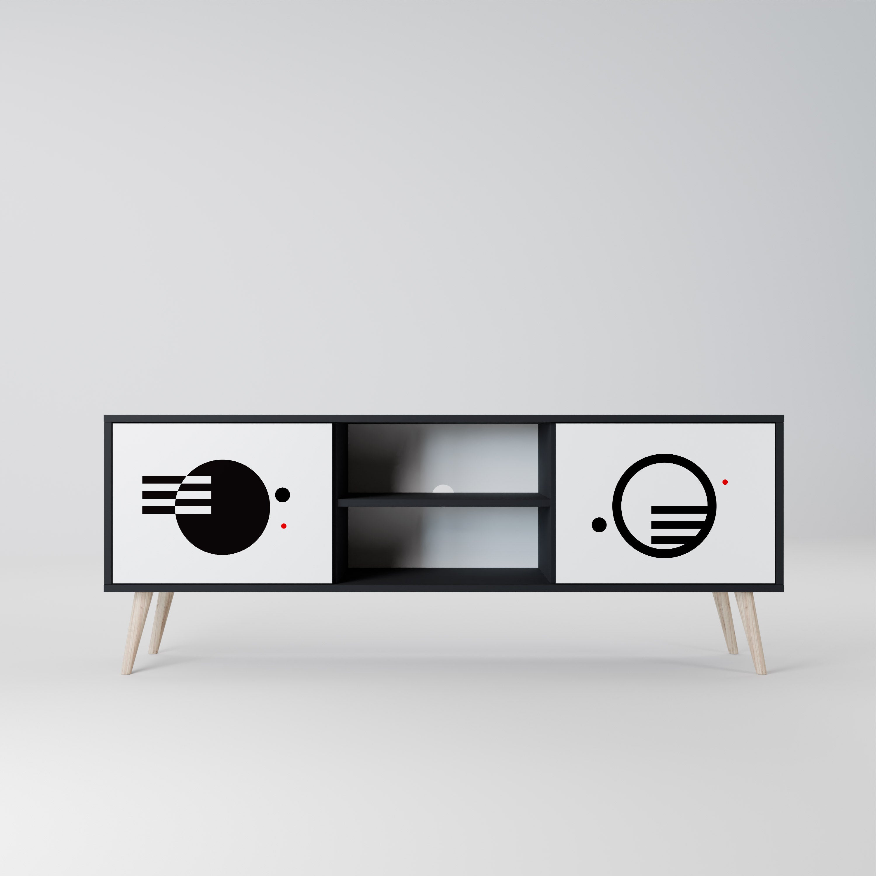 Mueble de TV de 2 puertas COMBINACIÓN BLANCO Y NEGRO con acabado negro