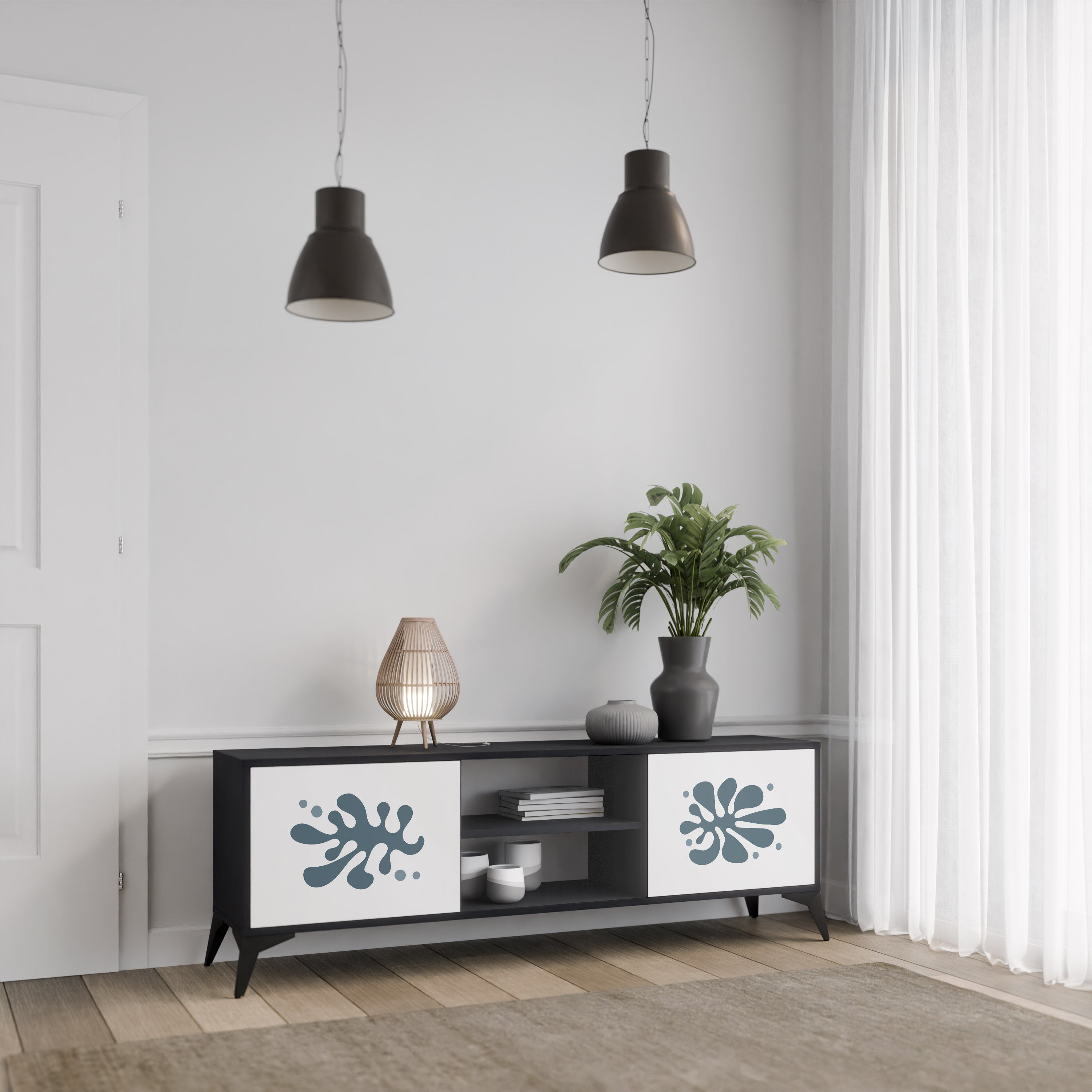 Mueble de TV de 2 puertas WONDERLAND VEGETATION en acabado negro