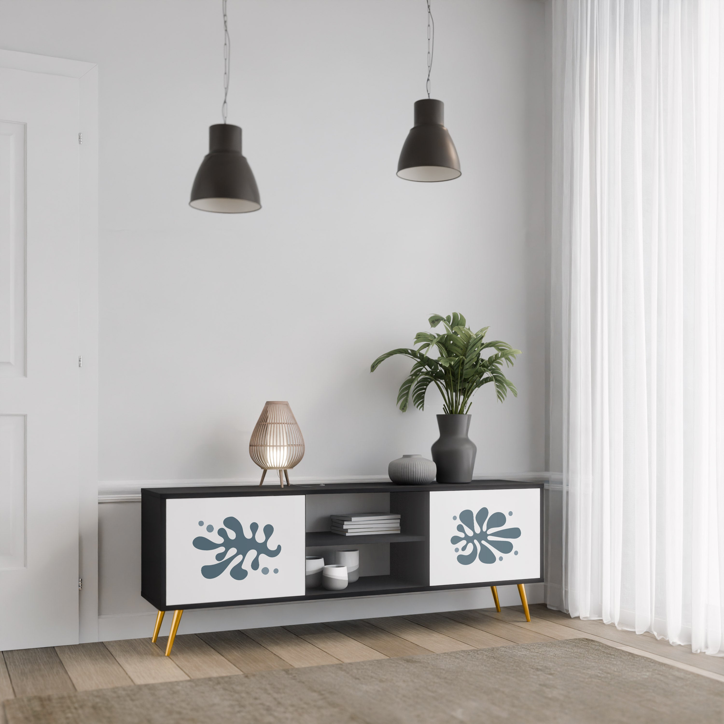 Mueble de TV de 2 puertas WONDERLAND VEGETATION en acabado negro