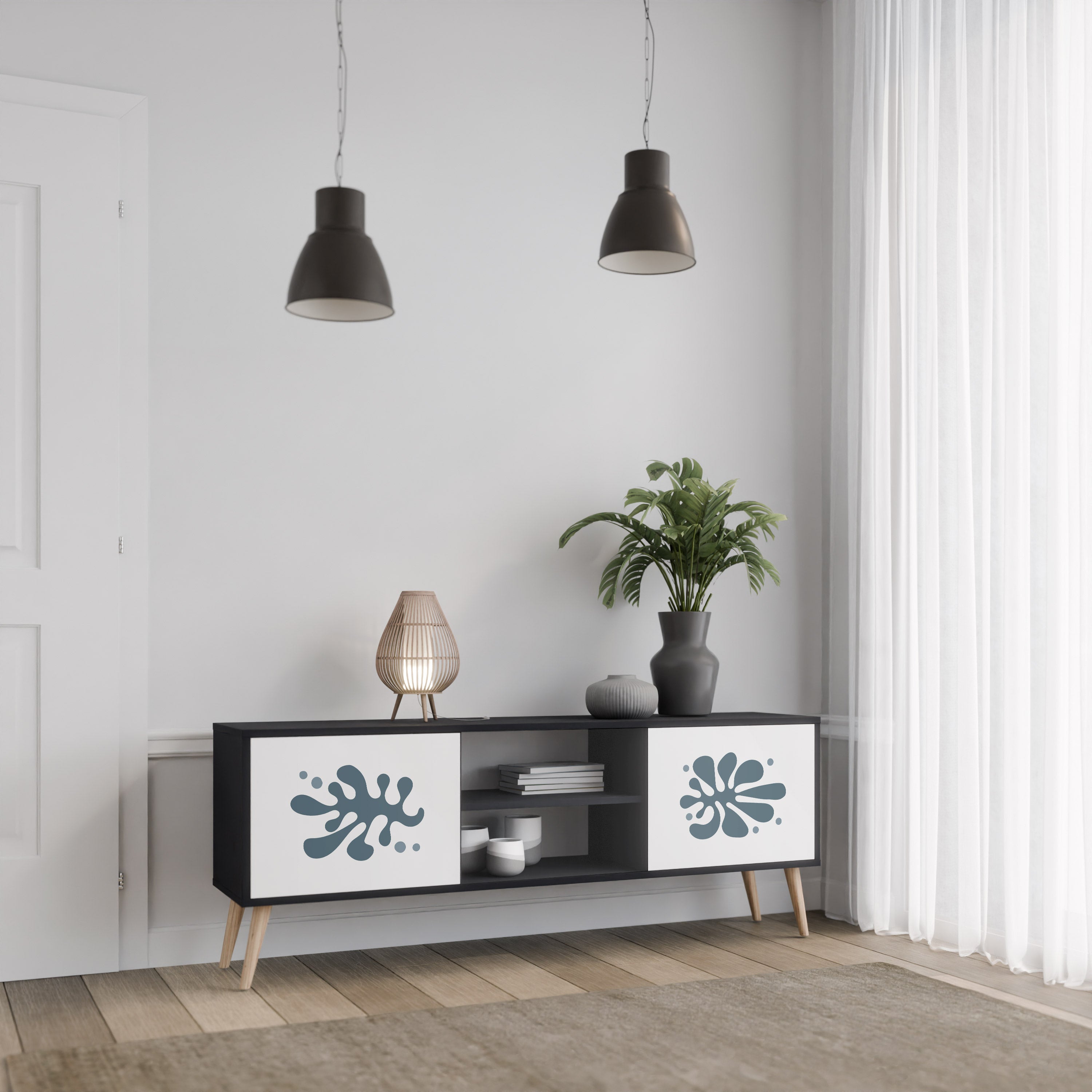 Mueble de TV de 2 puertas WONDERLAND VEGETATION en acabado negro