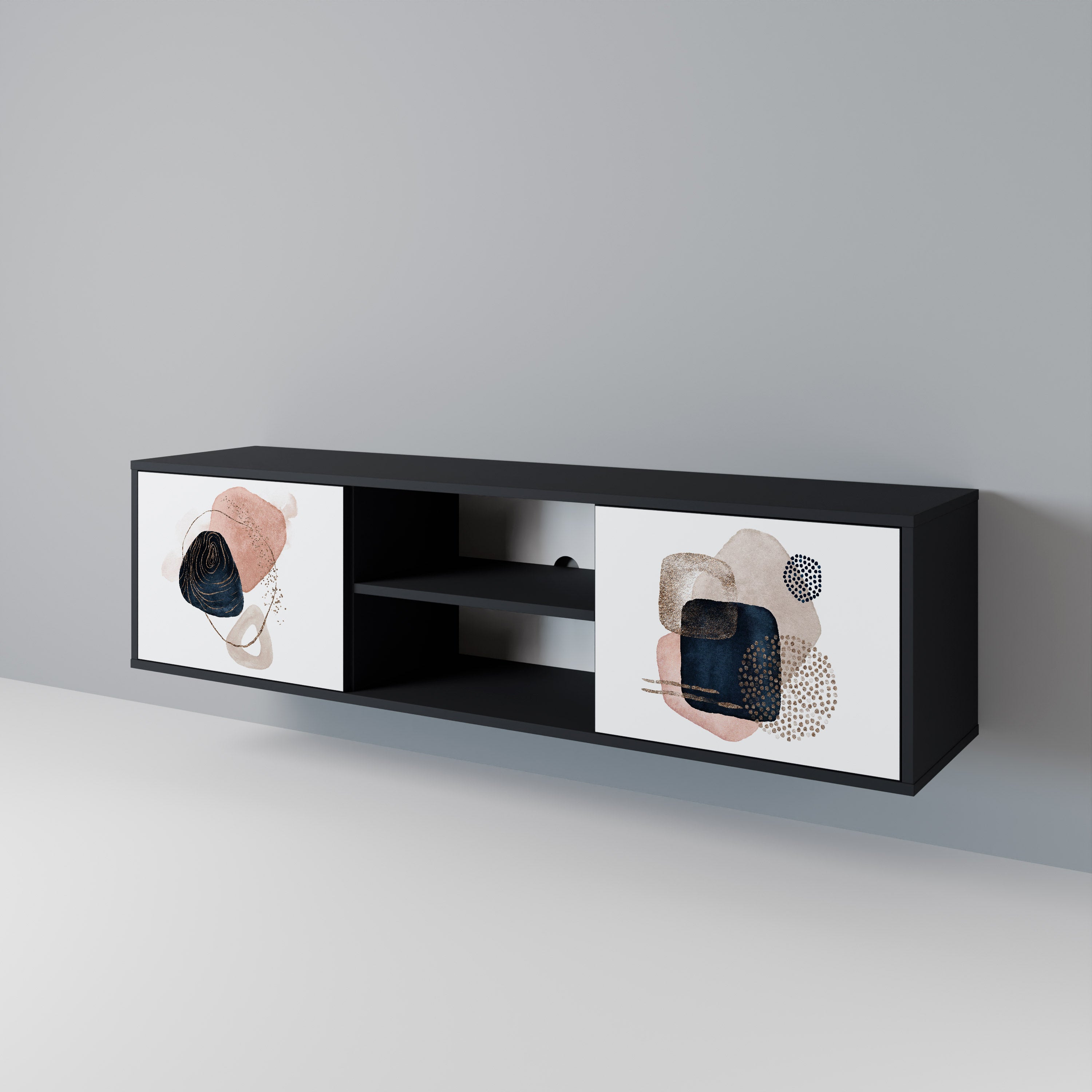 Mueble de TV de 2 puertas con formas coloridas en acabado negro