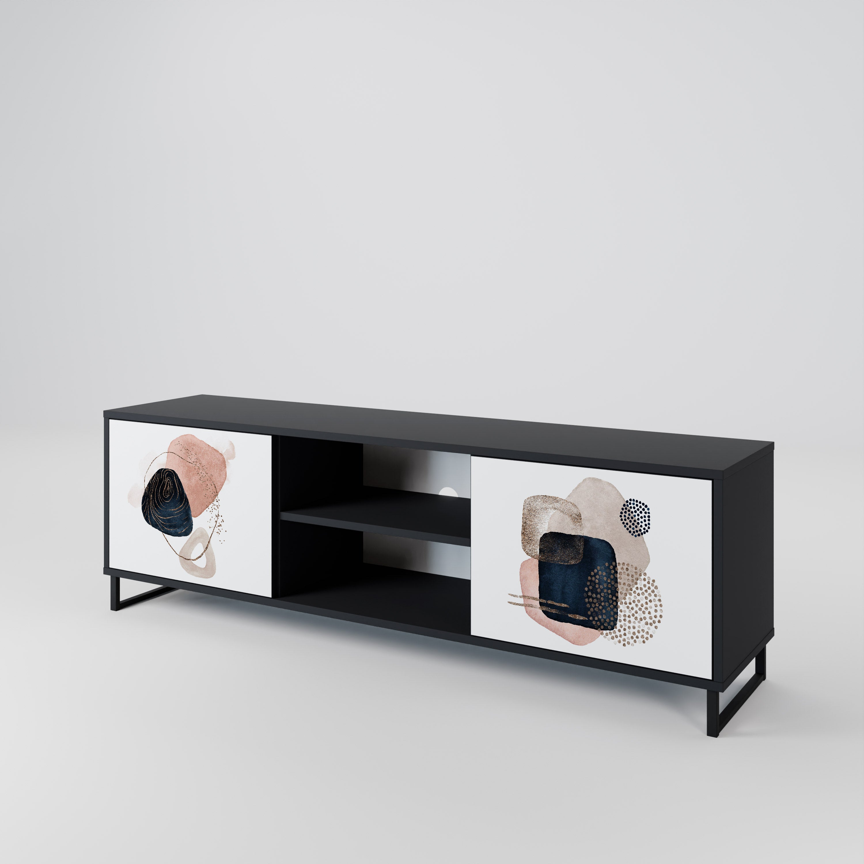 Mueble de TV de 2 puertas con formas coloridas en acabado negro
