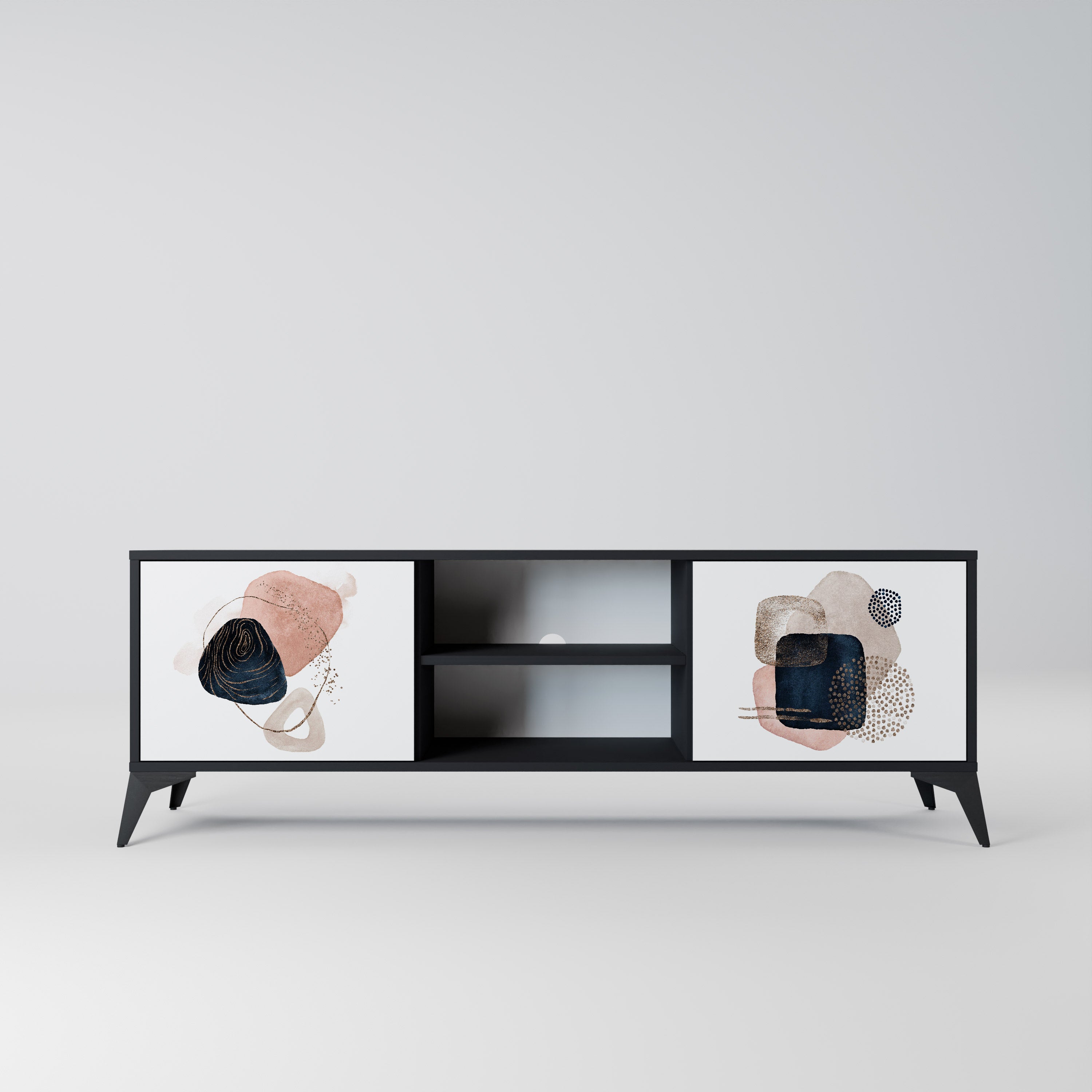 Mueble de TV de 2 puertas con formas coloridas en acabado negro