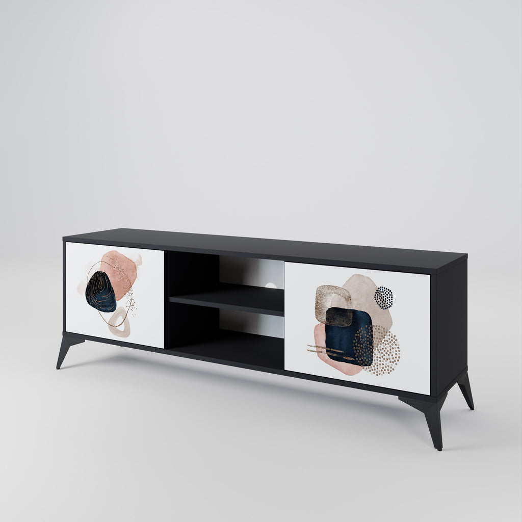 Mueble de TV de 2 puertas con formas coloridas en acabado negro