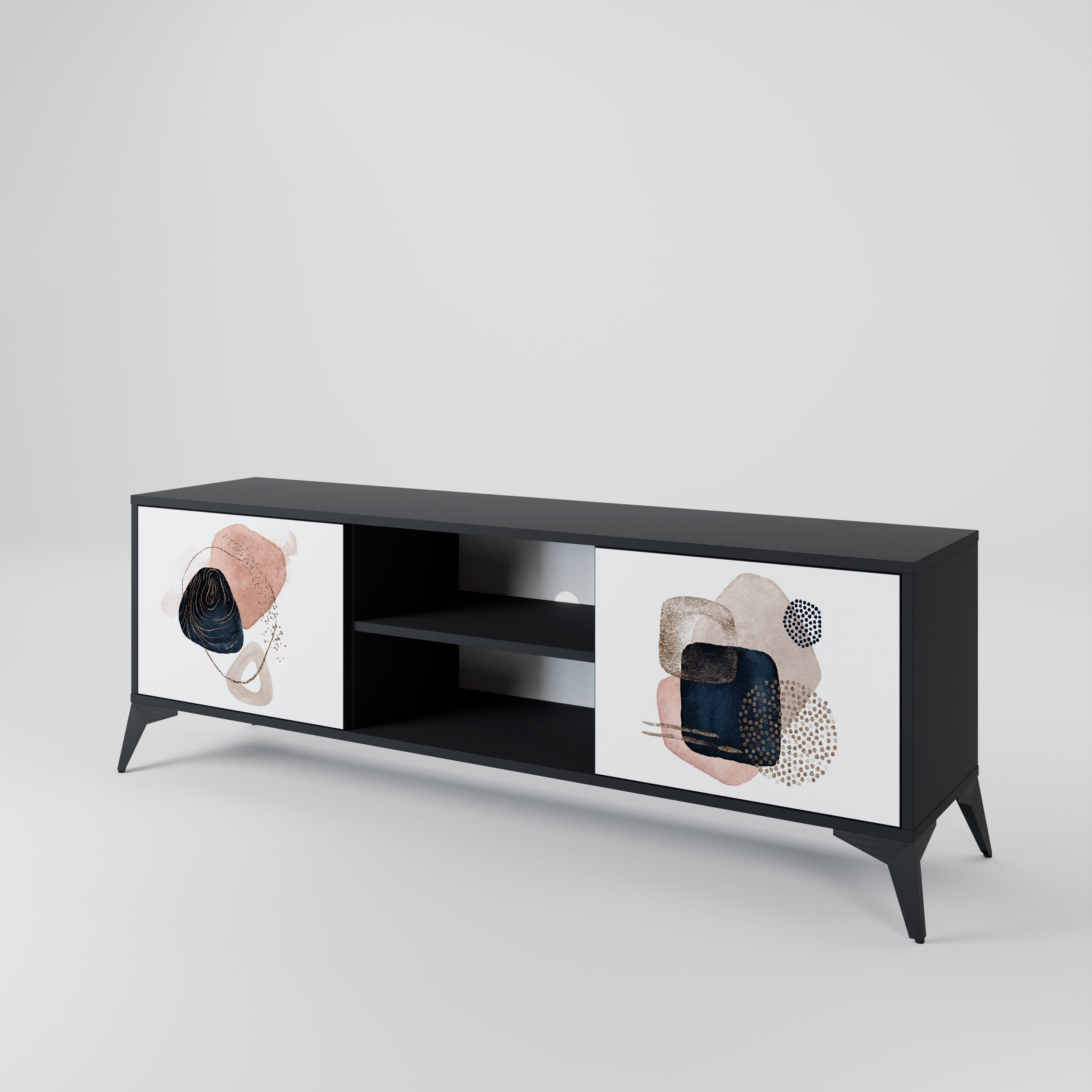 Mueble de TV de 2 puertas con formas coloridas en acabado negro