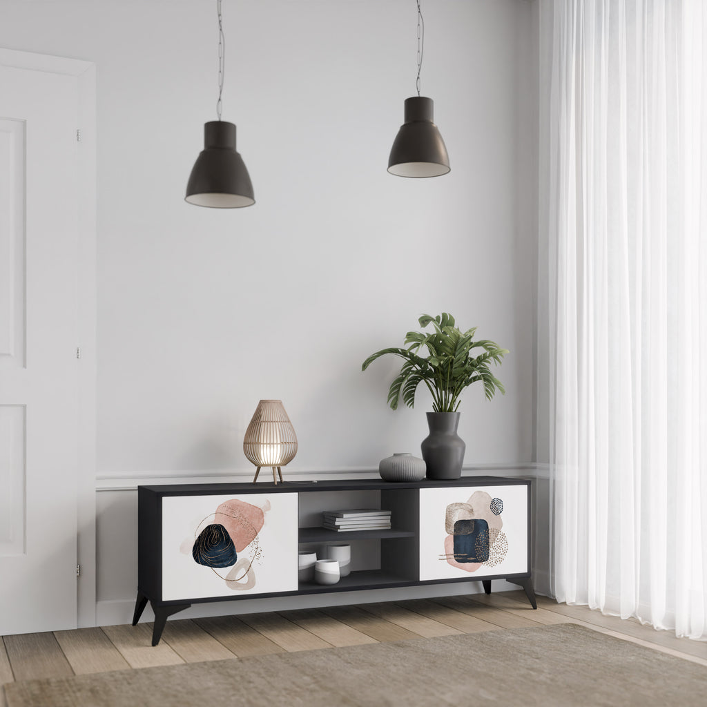 Mueble de TV de 2 puertas con formas coloridas en acabado negro