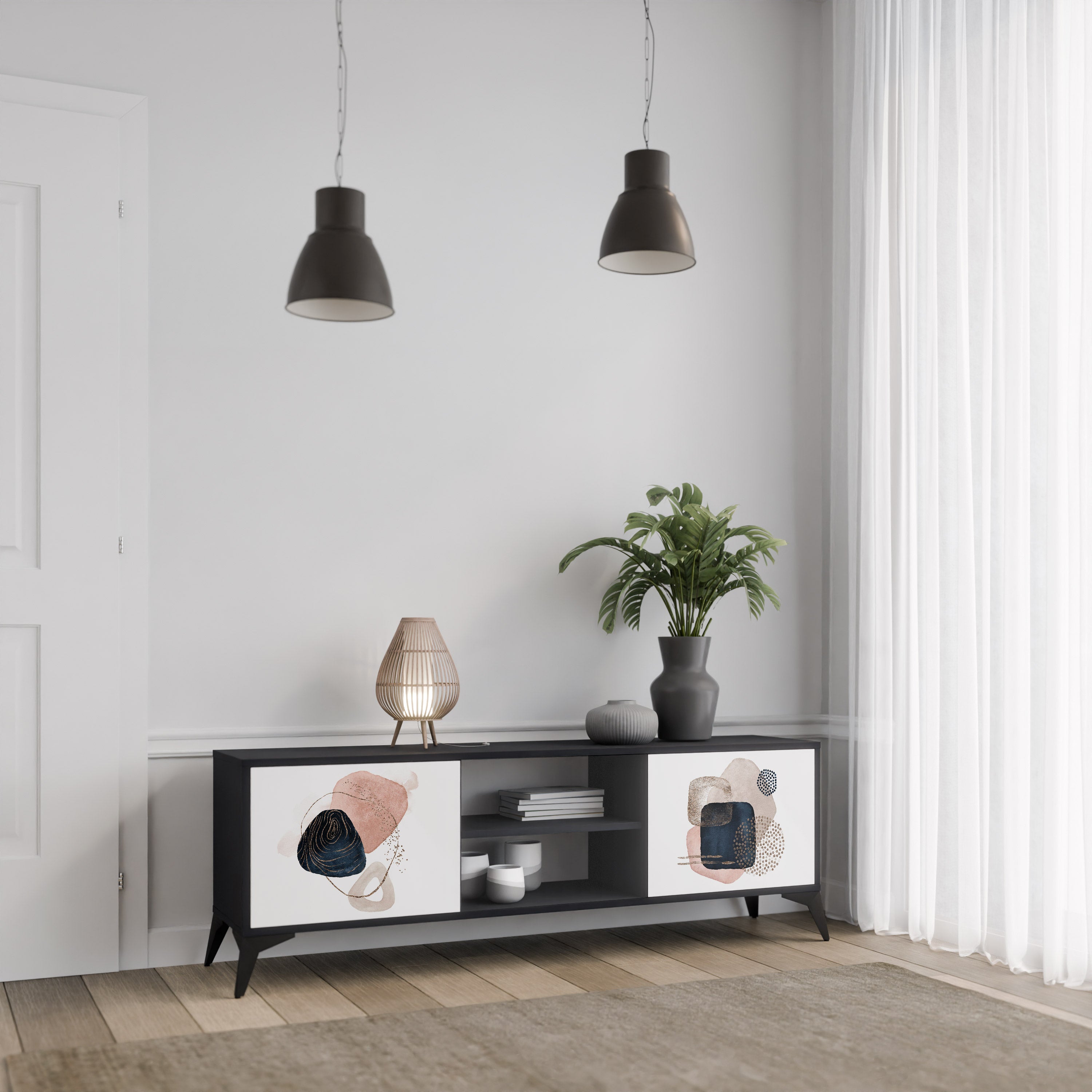 Mueble de TV de 2 puertas con formas coloridas en acabado negro