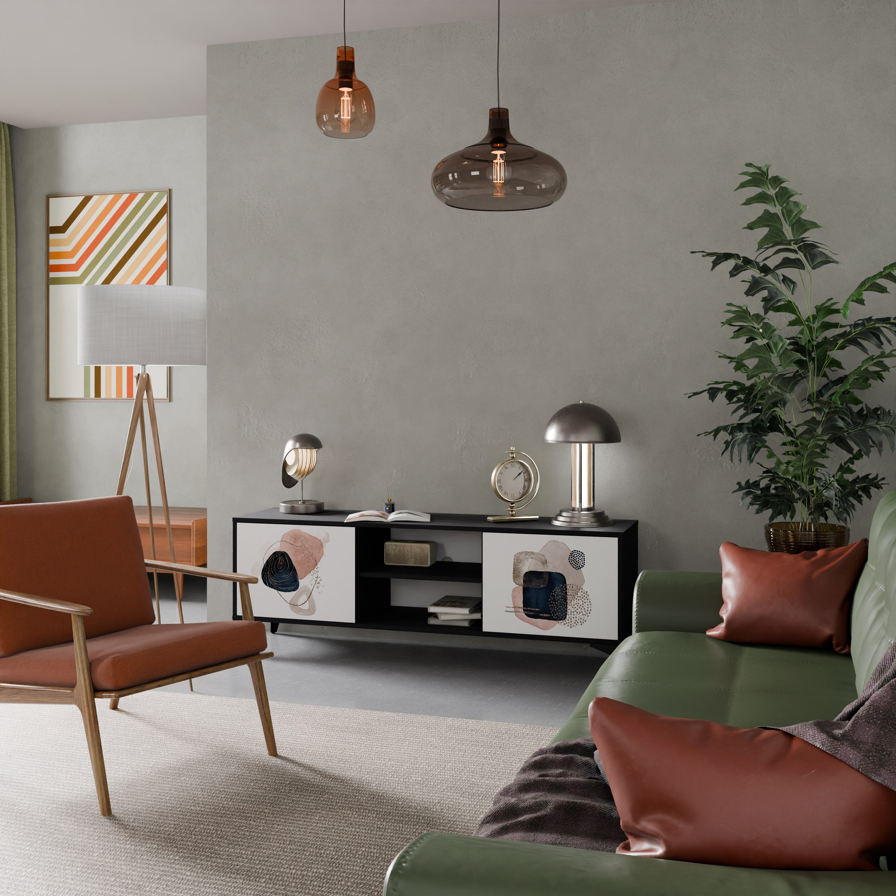 Mueble de TV de 2 puertas con formas coloridas en acabado negro