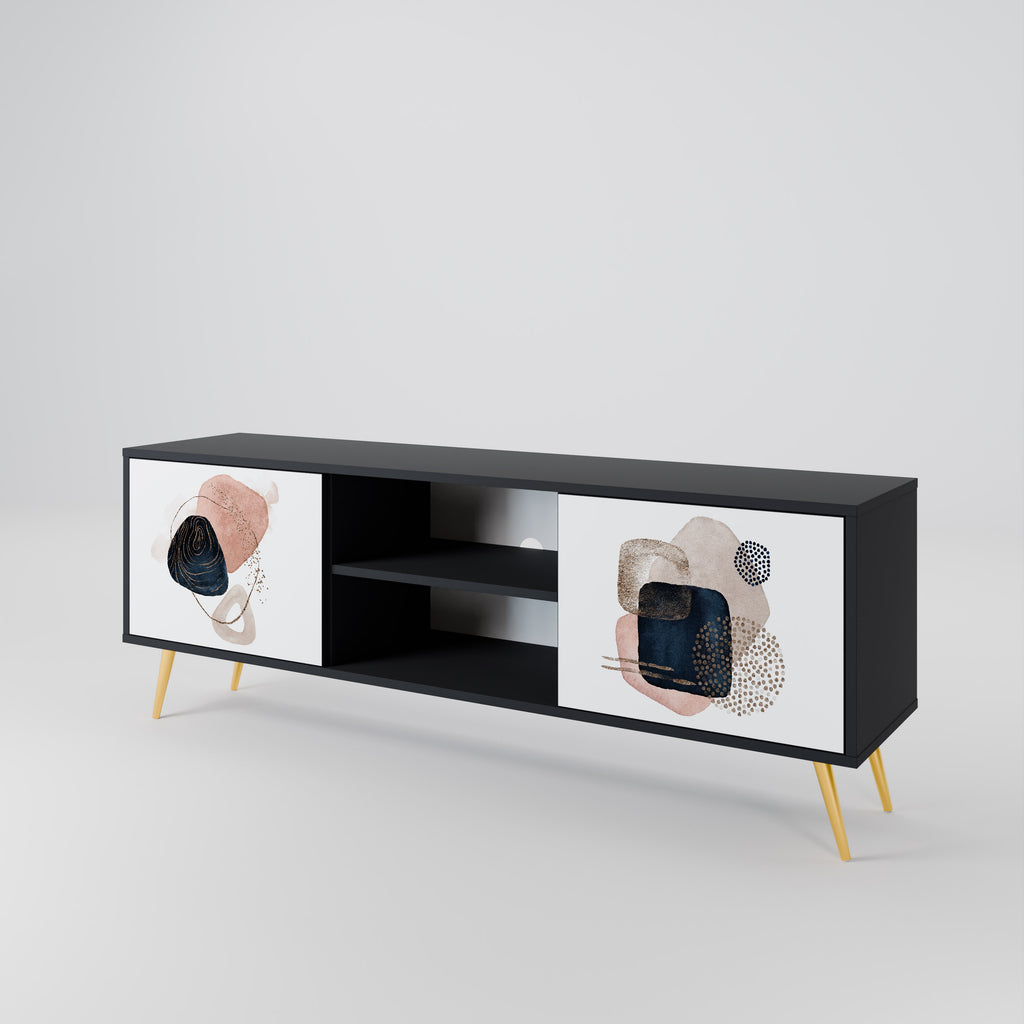 Mueble de TV de 2 puertas con formas coloridas en acabado negro