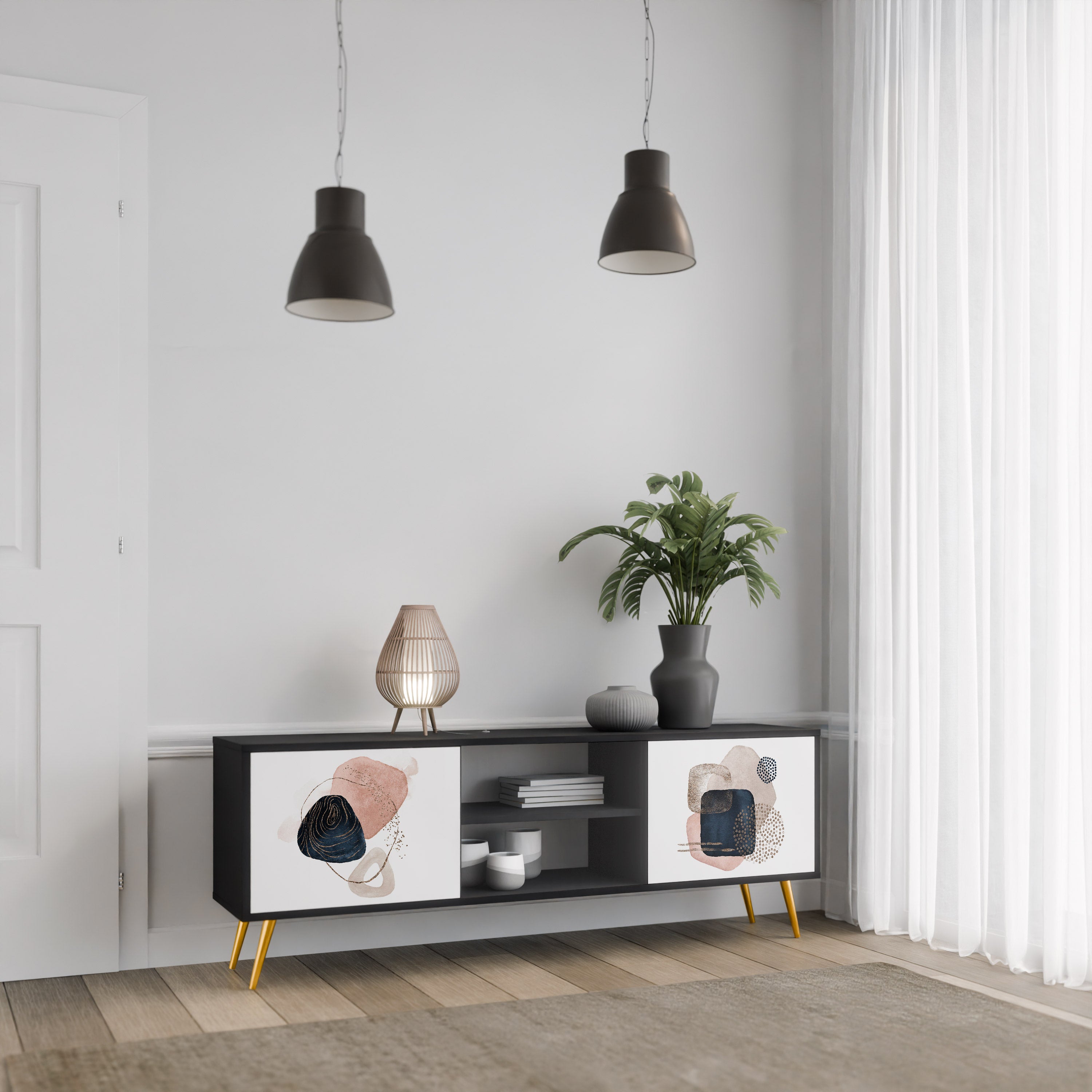 Mueble de TV de 2 puertas con formas coloridas en acabado negro