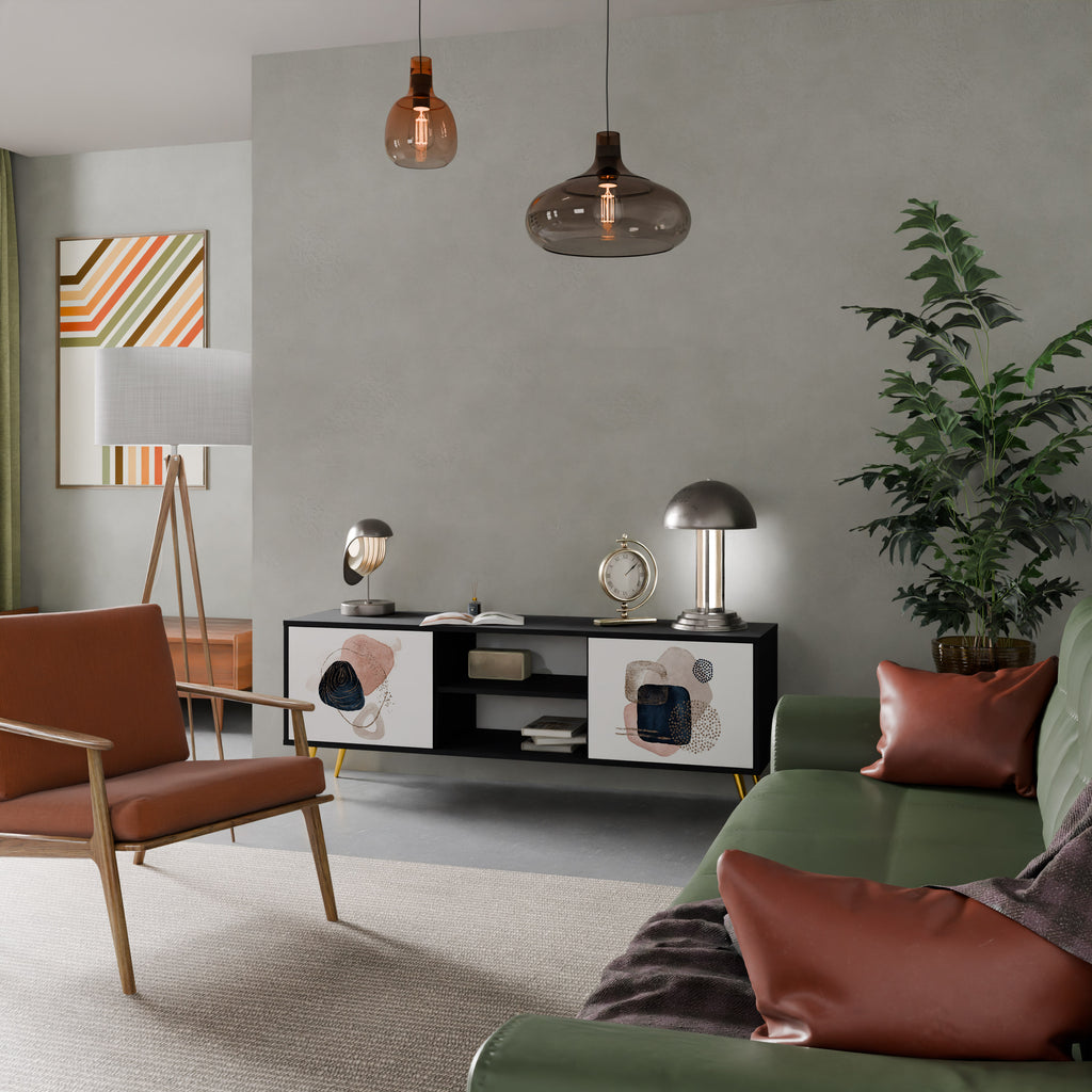 Mueble de TV de 2 puertas con formas coloridas en acabado negro