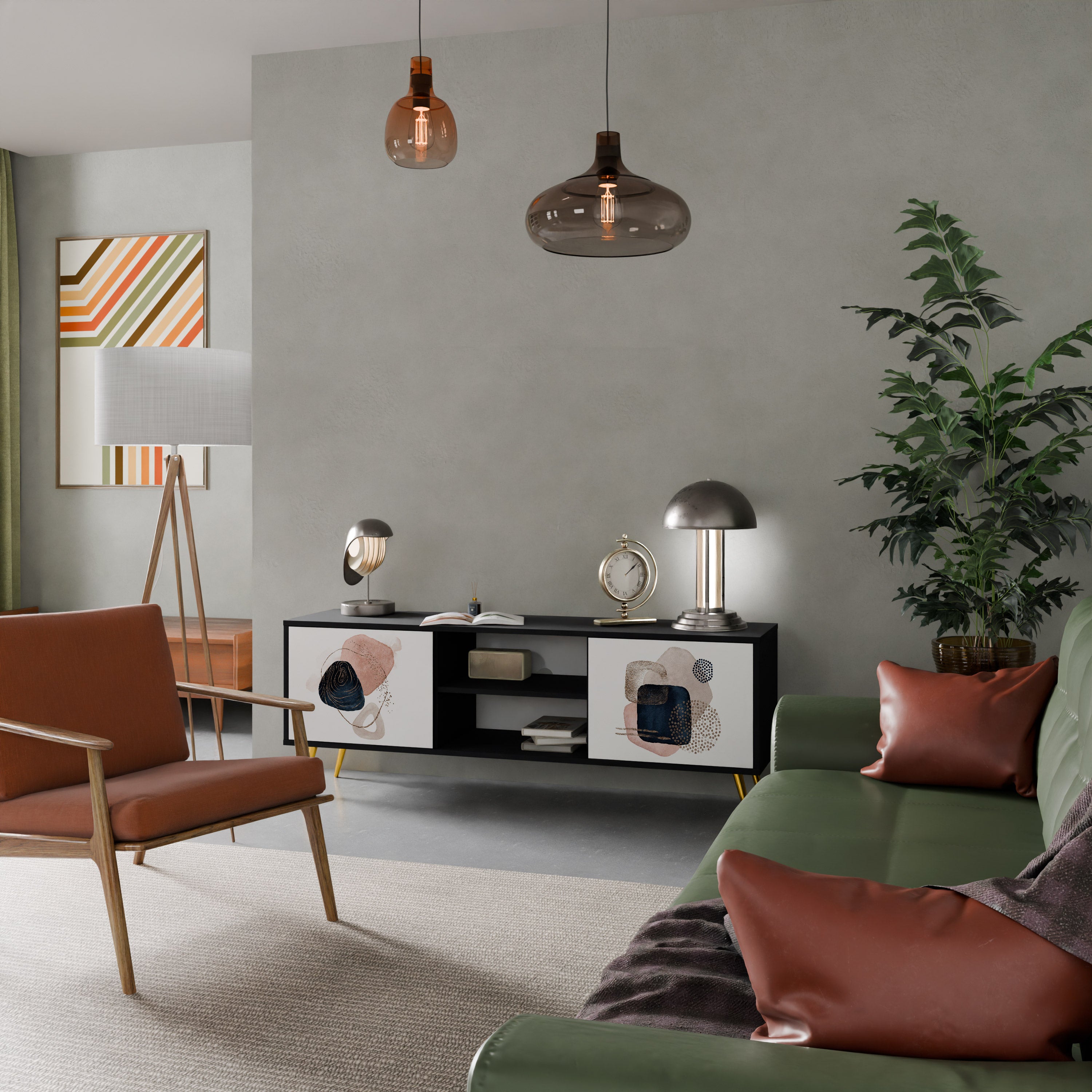 Mueble de TV de 2 puertas con formas coloridas en acabado negro