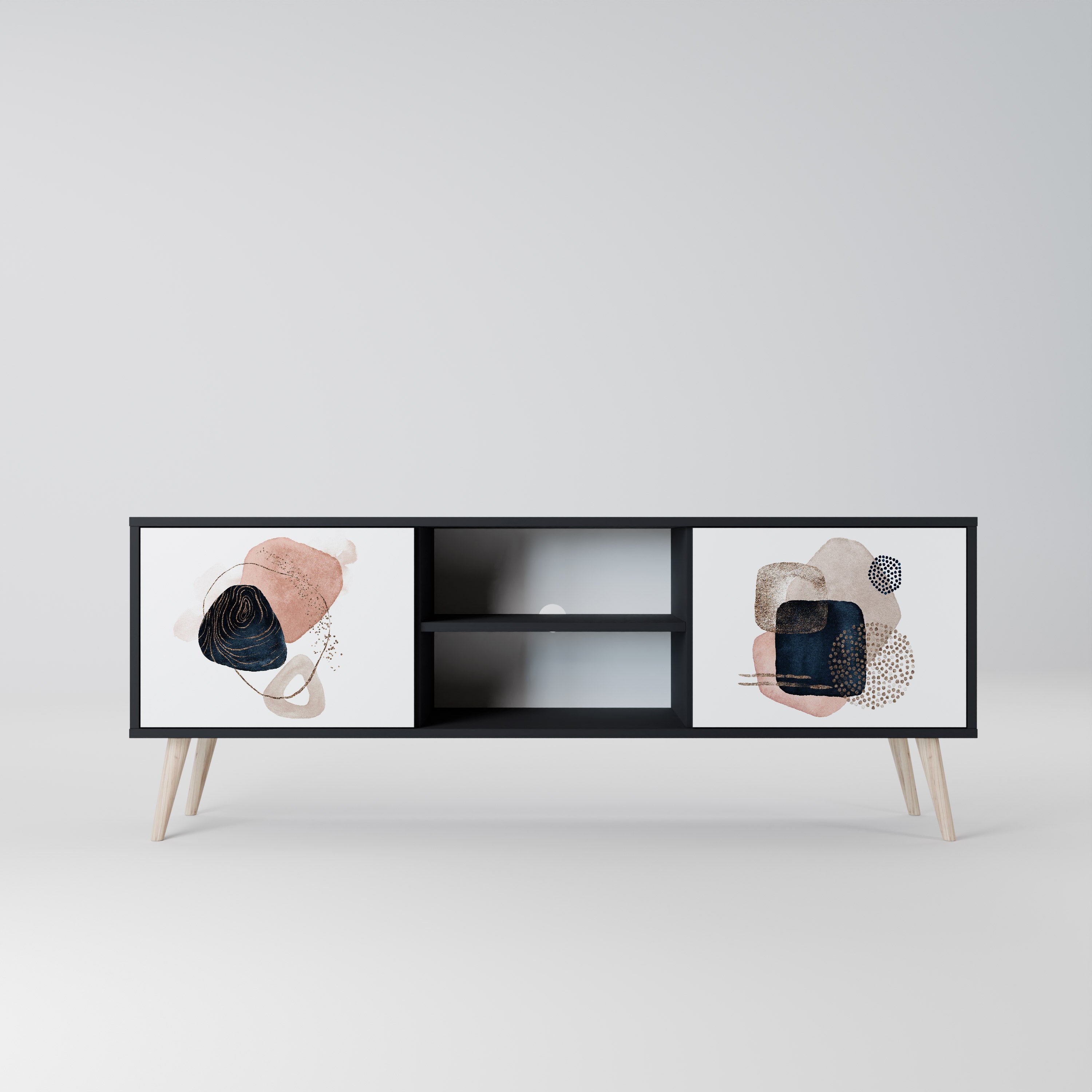 Mueble de TV de 2 puertas con formas coloridas en acabado negro