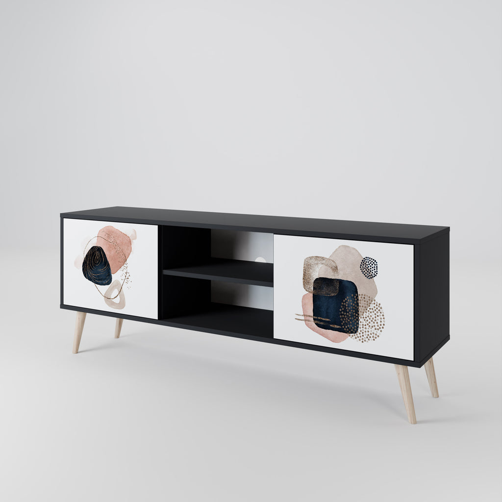 Mueble de TV de 2 puertas con formas coloridas en acabado negro