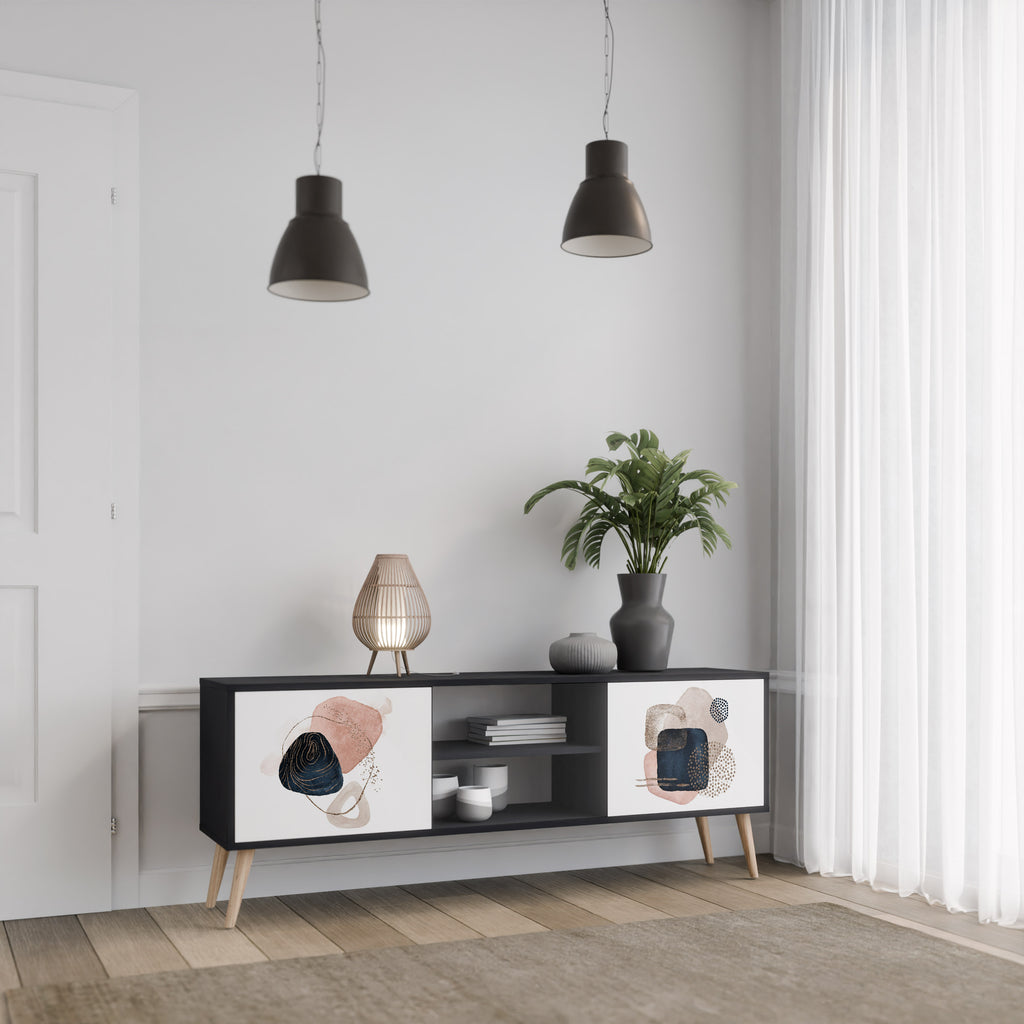 Mueble de TV de 2 puertas con formas coloridas en acabado negro