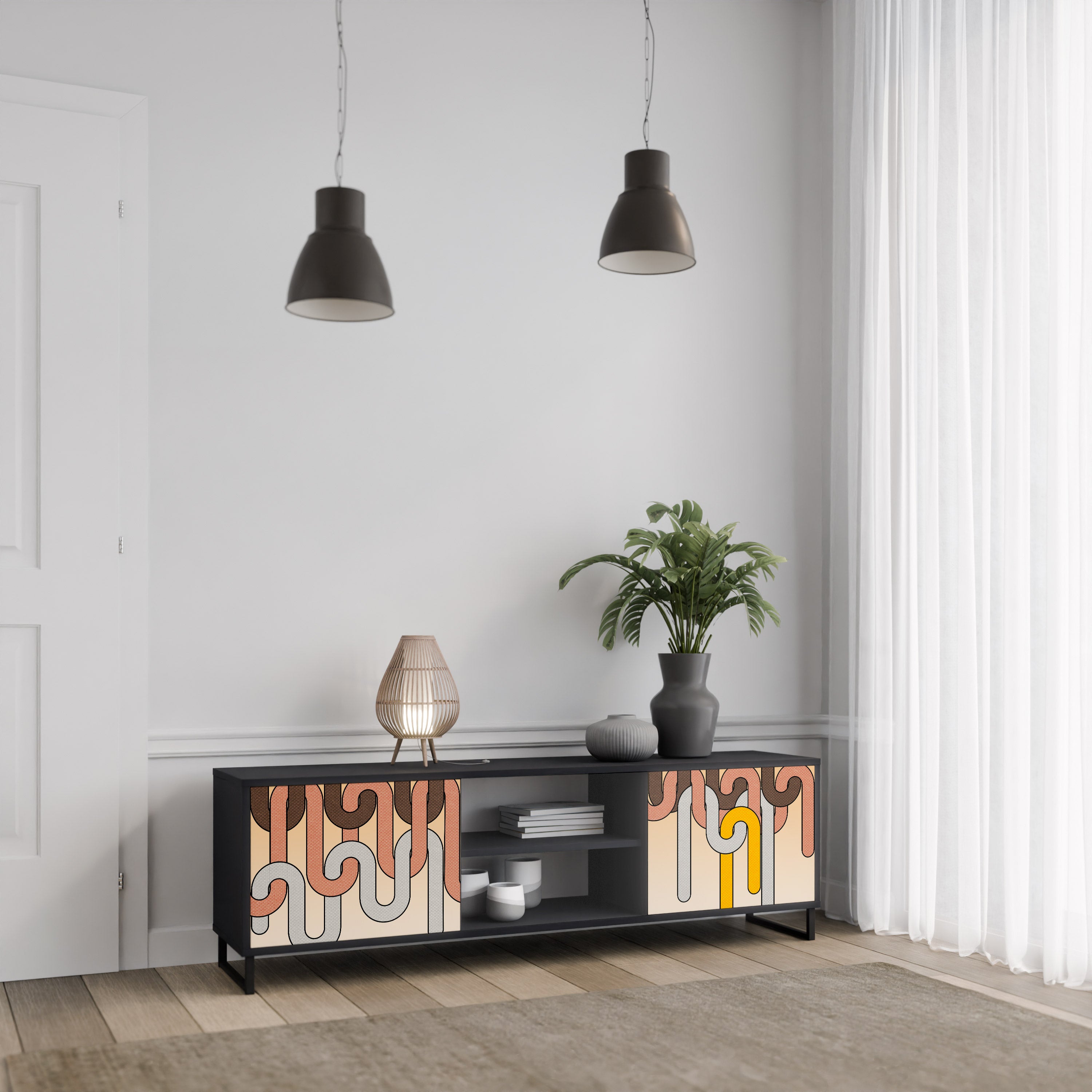 Mueble para TV de 2 puertas COLORFUL STRINGS con acabado negro
