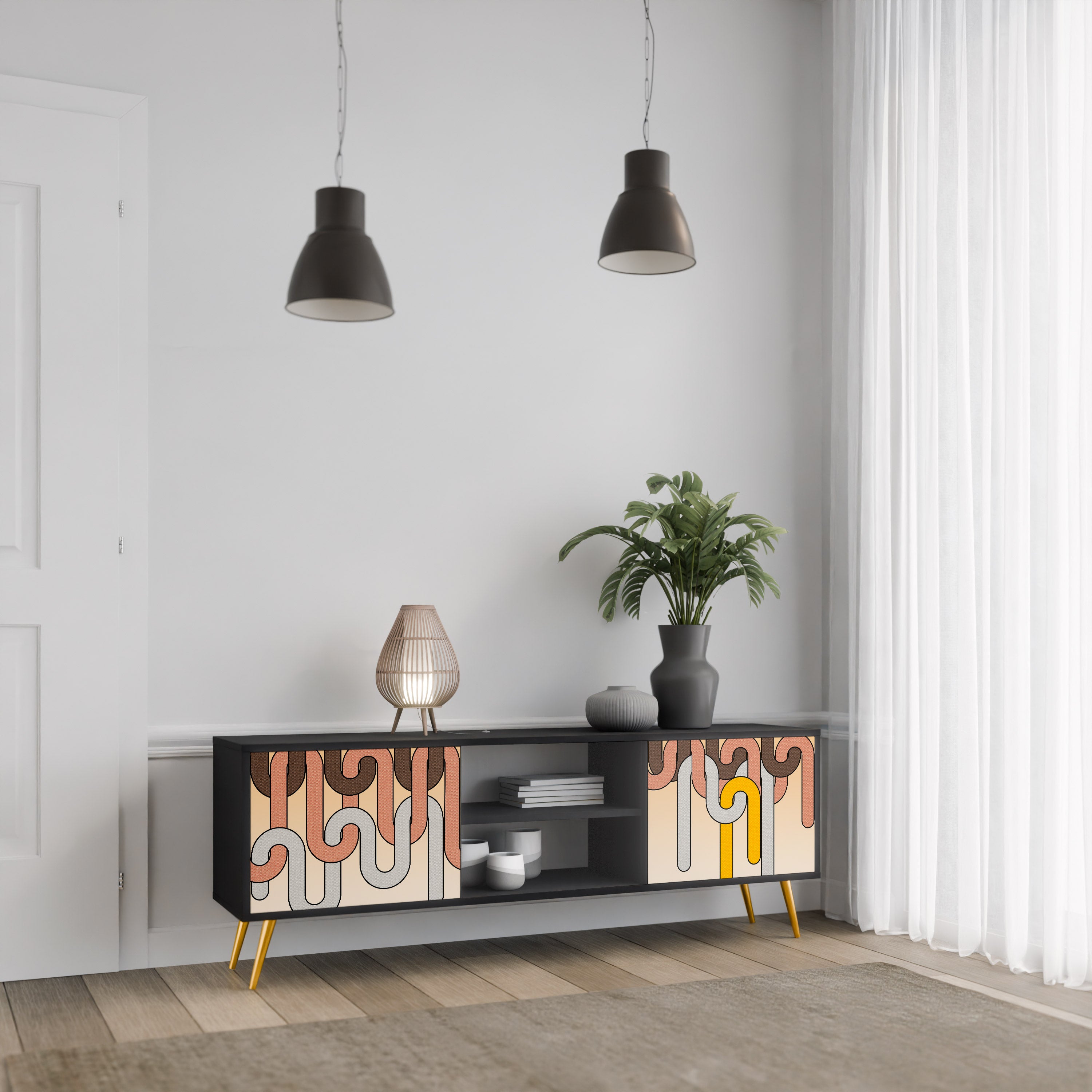Mueble para TV de 2 puertas COLORFUL STRINGS con acabado negro