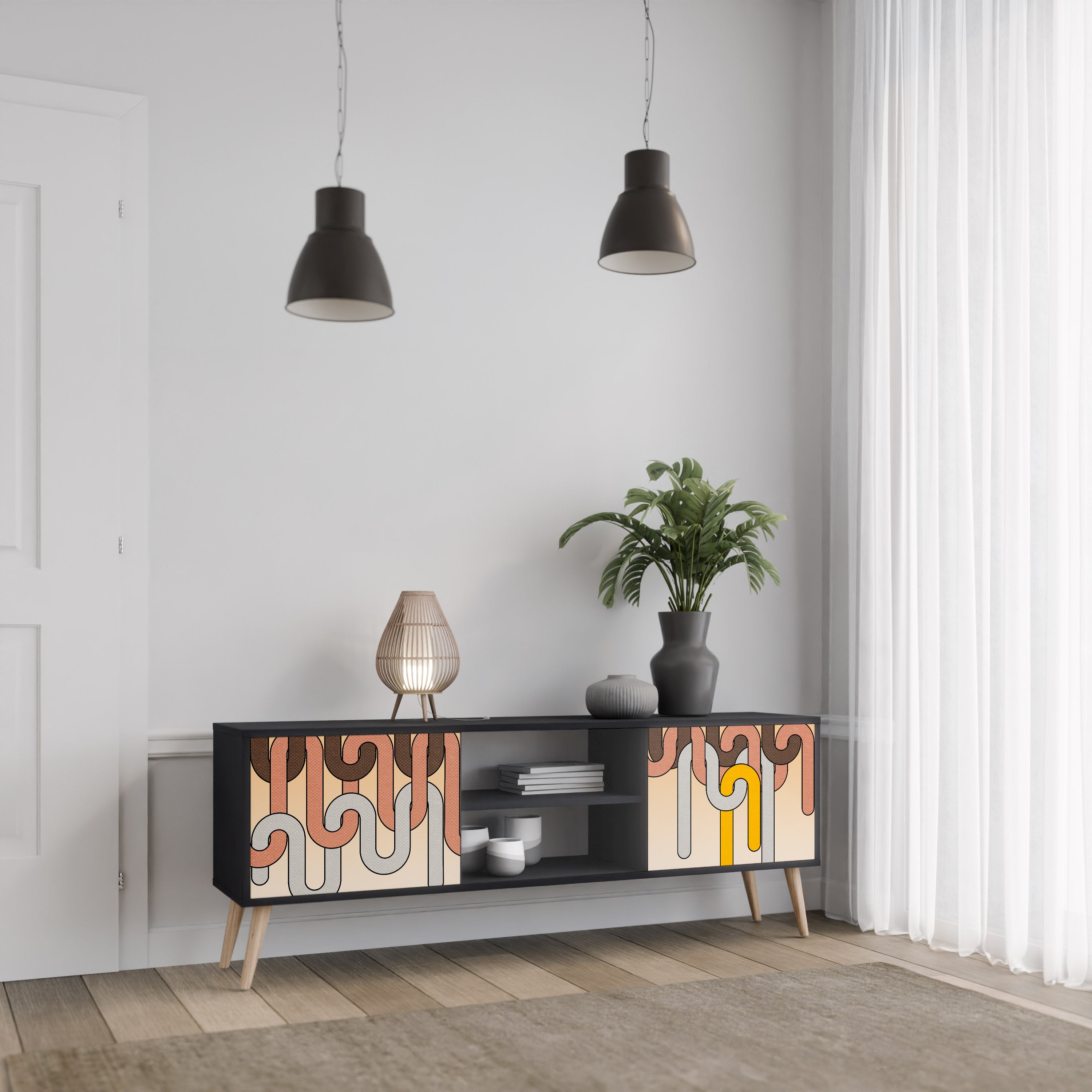 Mueble para TV de 2 puertas COLORFUL STRINGS con acabado negro