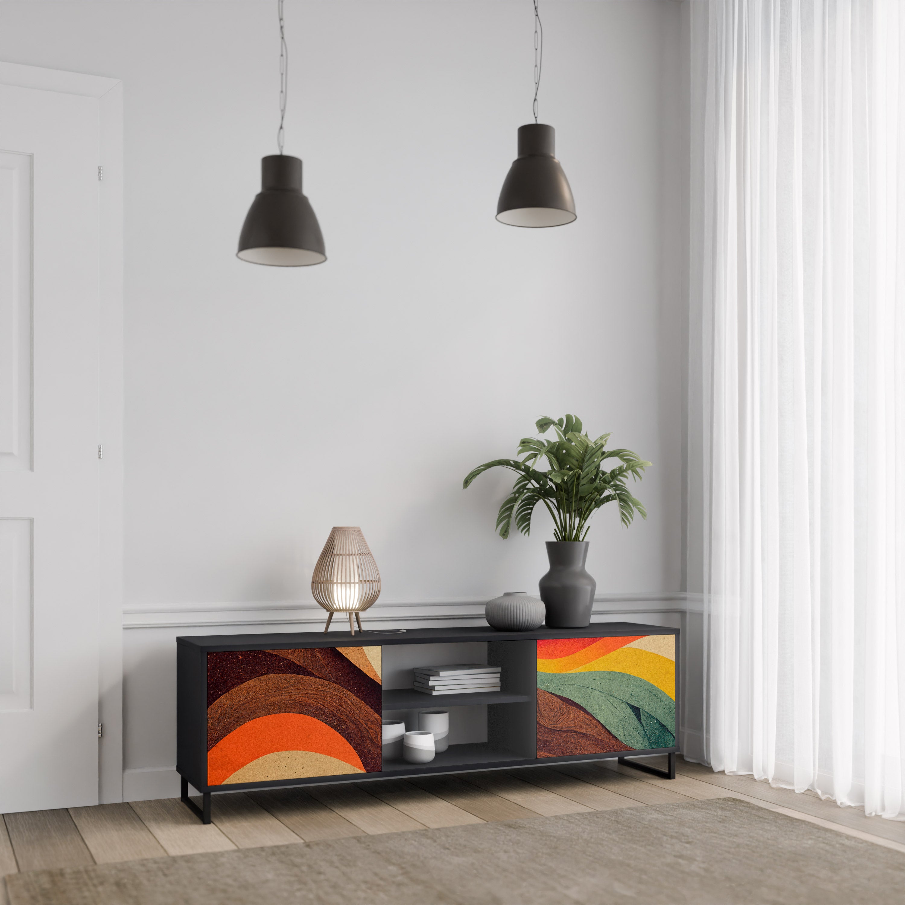 Mueble de TV de 2 puertas COLORFUL STRANDS en acabado negro