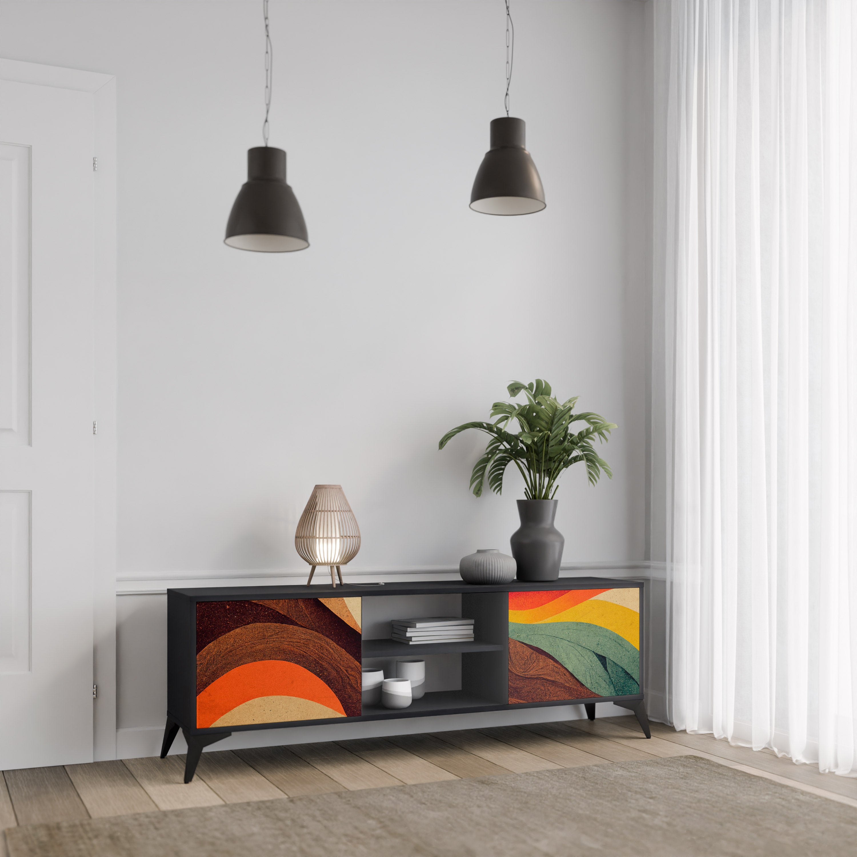 Mueble de TV de 2 puertas COLORFUL STRANDS en acabado negro