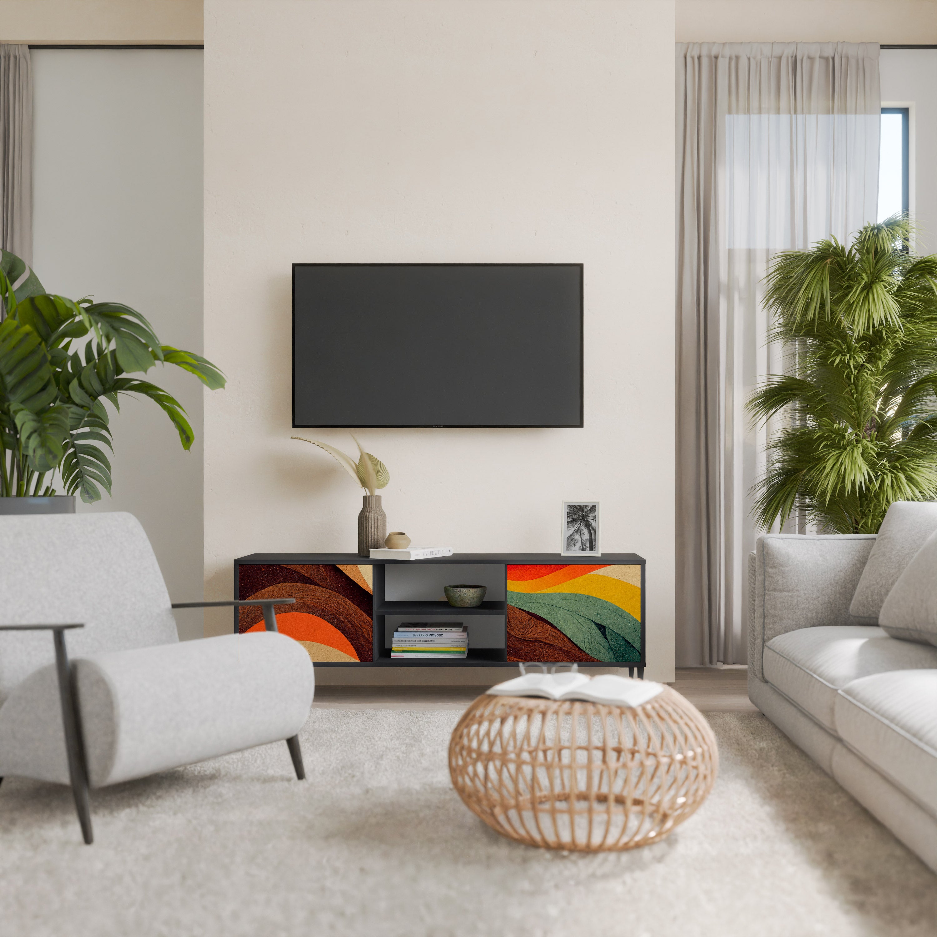 Mueble de TV de 2 puertas COLORFUL STRANDS en acabado negro