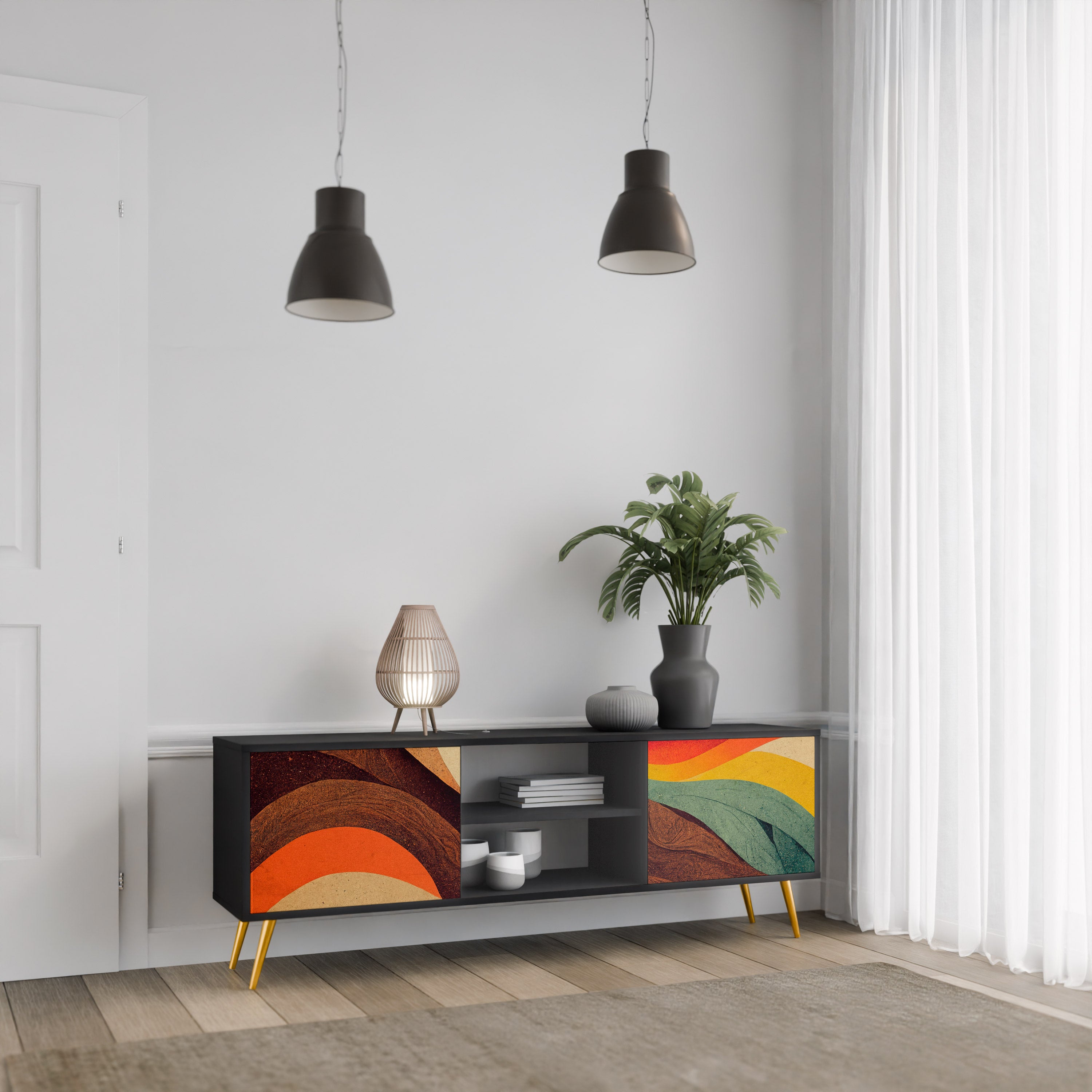 Mueble de TV de 2 puertas COLORFUL STRANDS en acabado negro