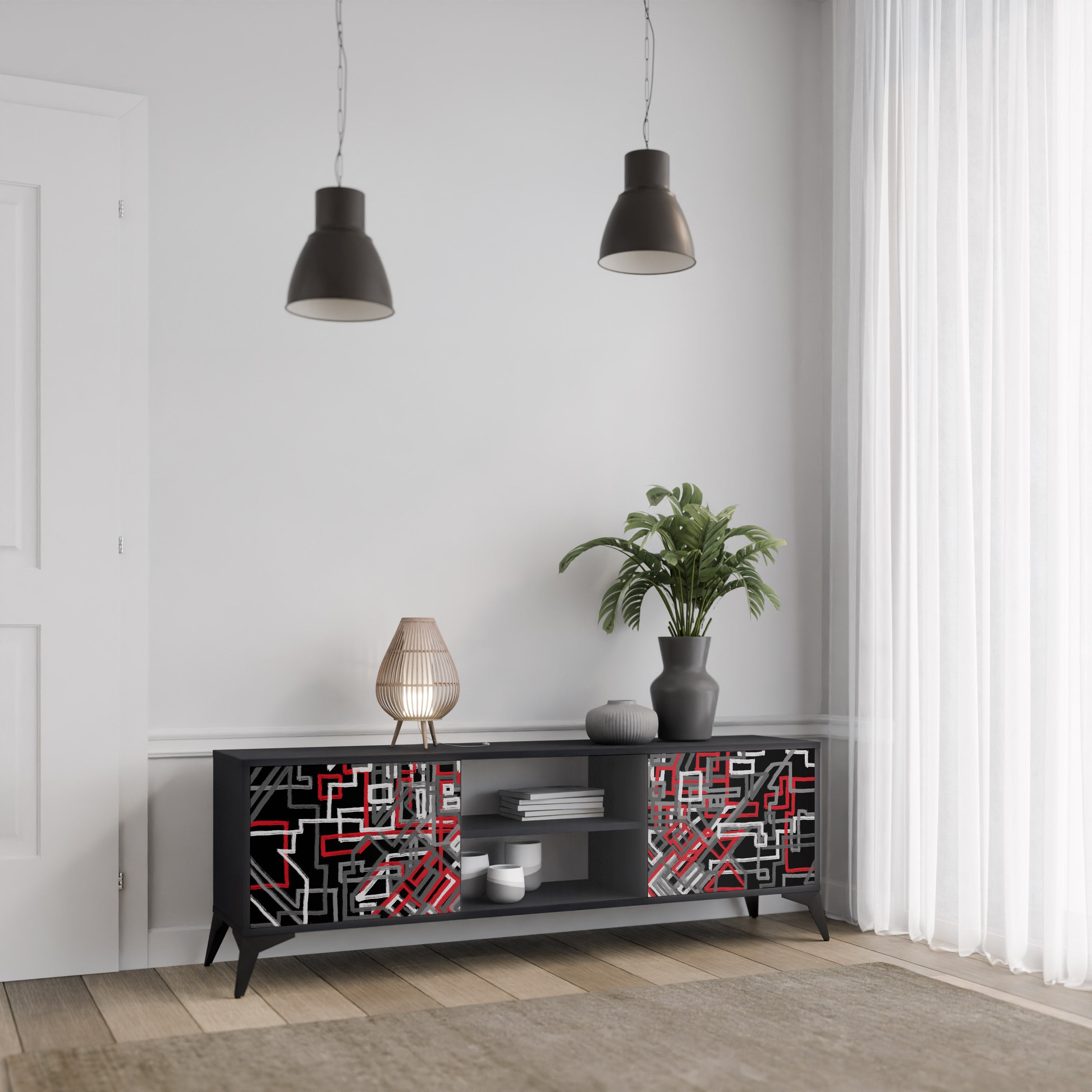 Mueble de TV de 2 puertas BROKEN LINES en acabado negro