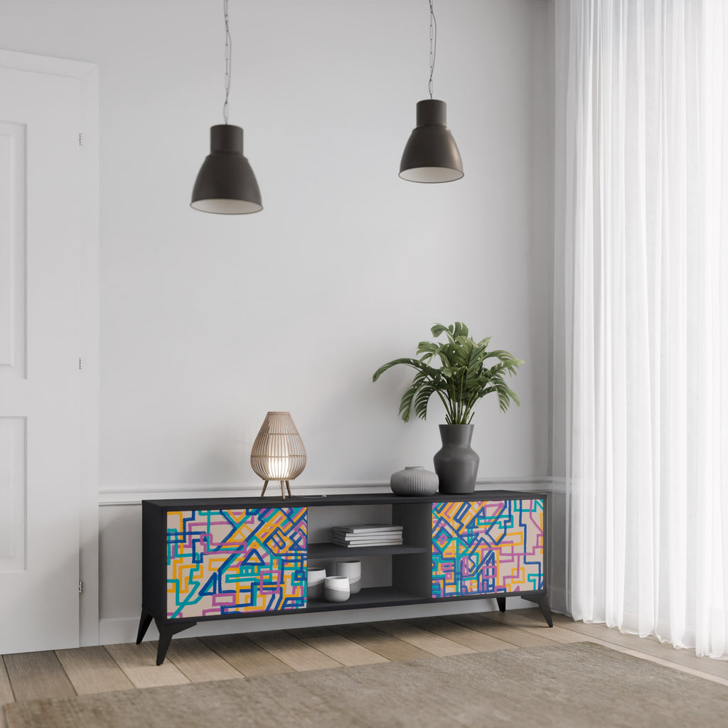 Mueble de TV de 2 puertas MEMORIES MAP en acabado negro