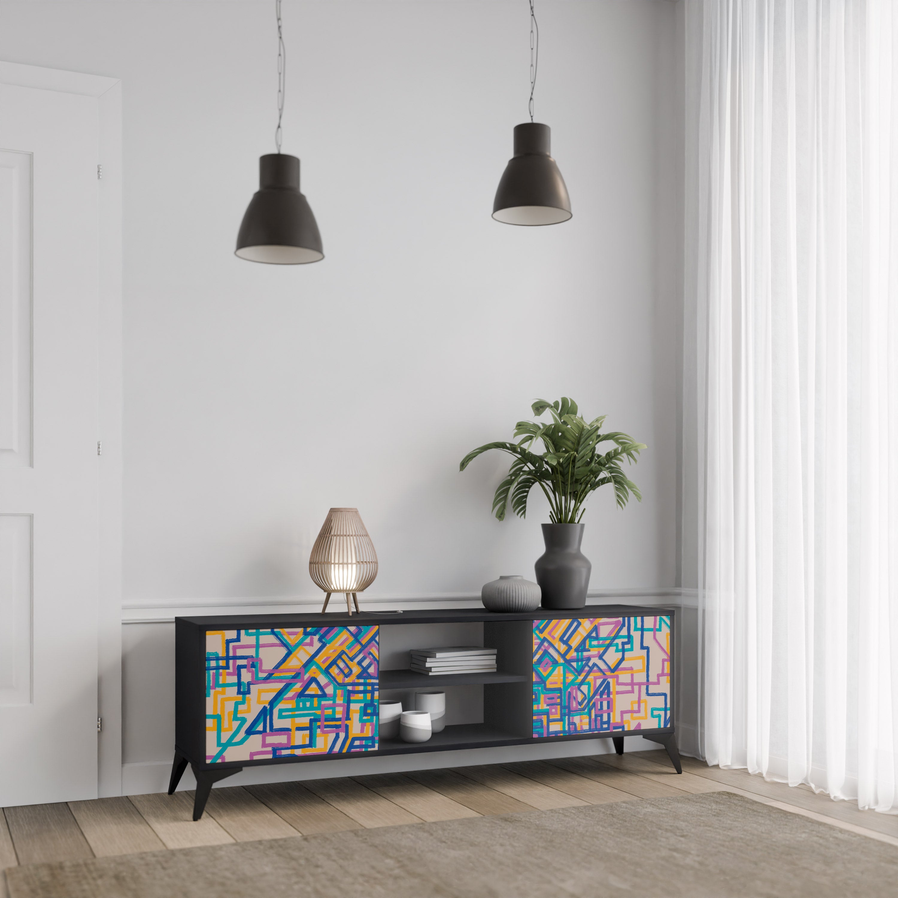 Mueble de TV de 2 puertas MEMORIES MAP en acabado negro