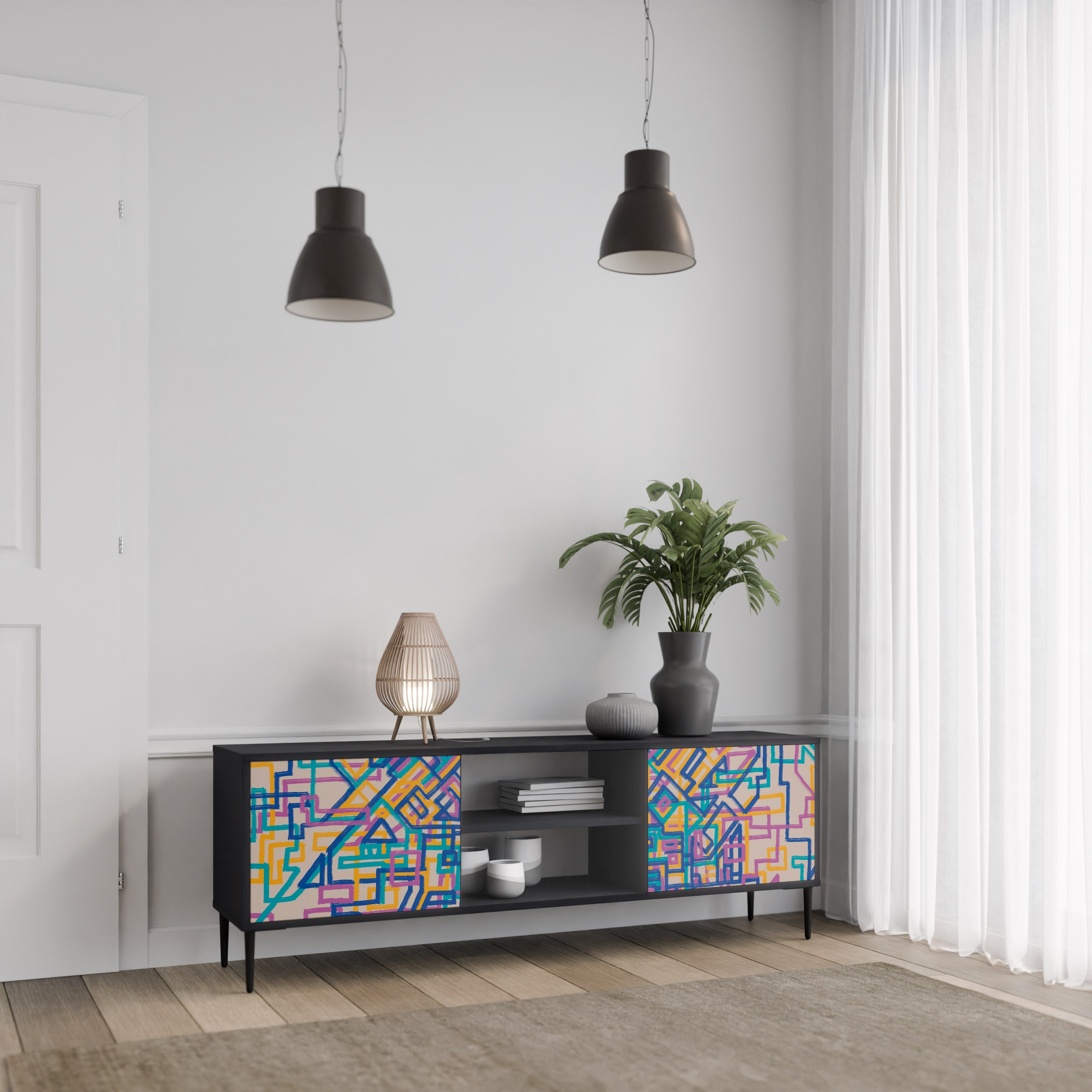 Mueble de TV de 2 puertas MEMORIES MAP en acabado negro