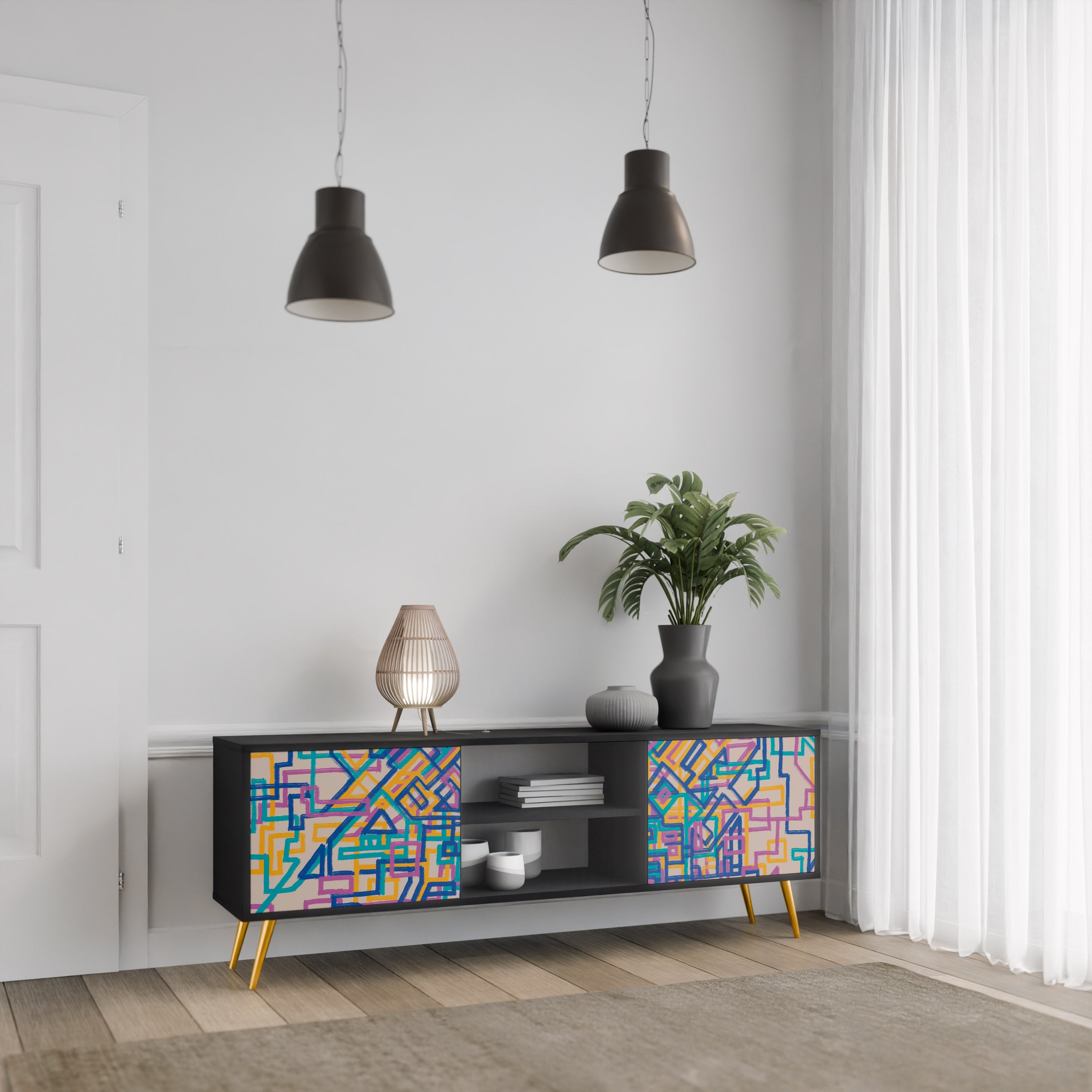 Mueble de TV de 2 puertas MEMORIES MAP en acabado negro