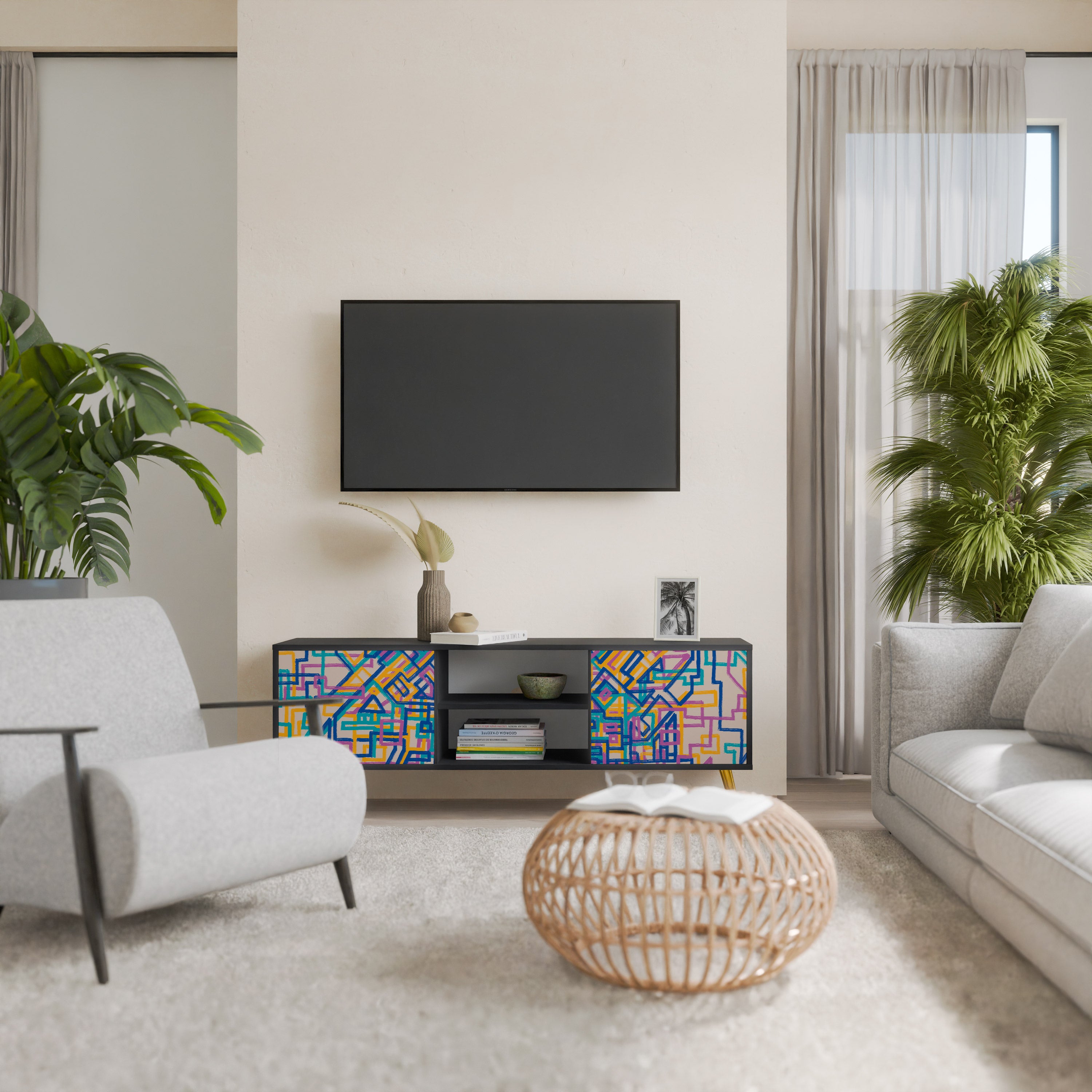 Mueble de TV de 2 puertas MEMORIES MAP en acabado negro